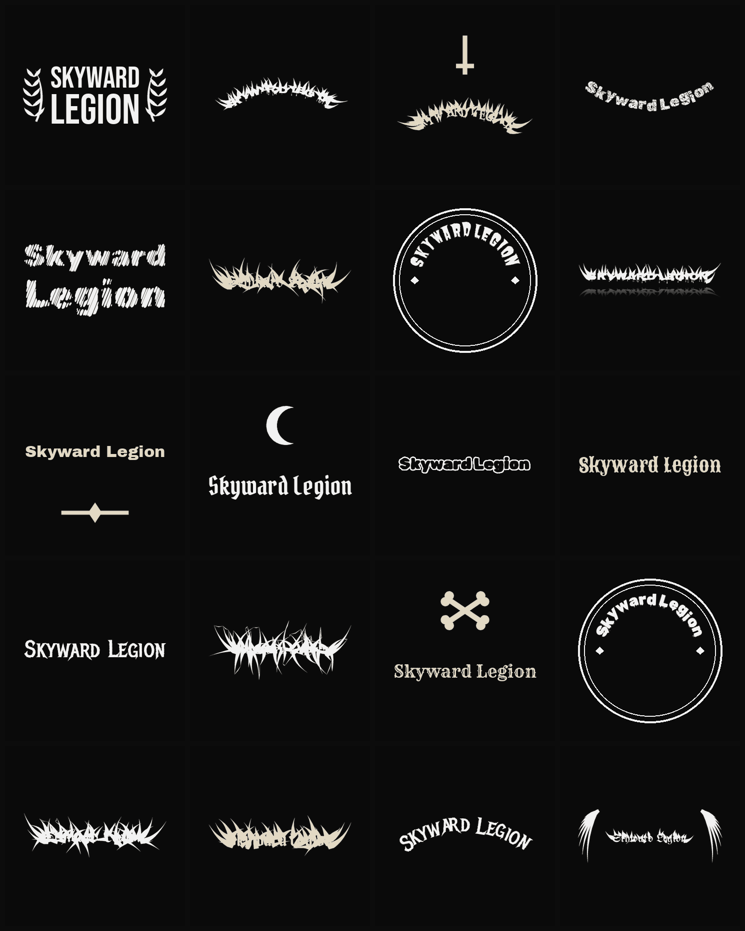 Twenty Skyward Legion band logo ideas — different faces, treatments and spike settings