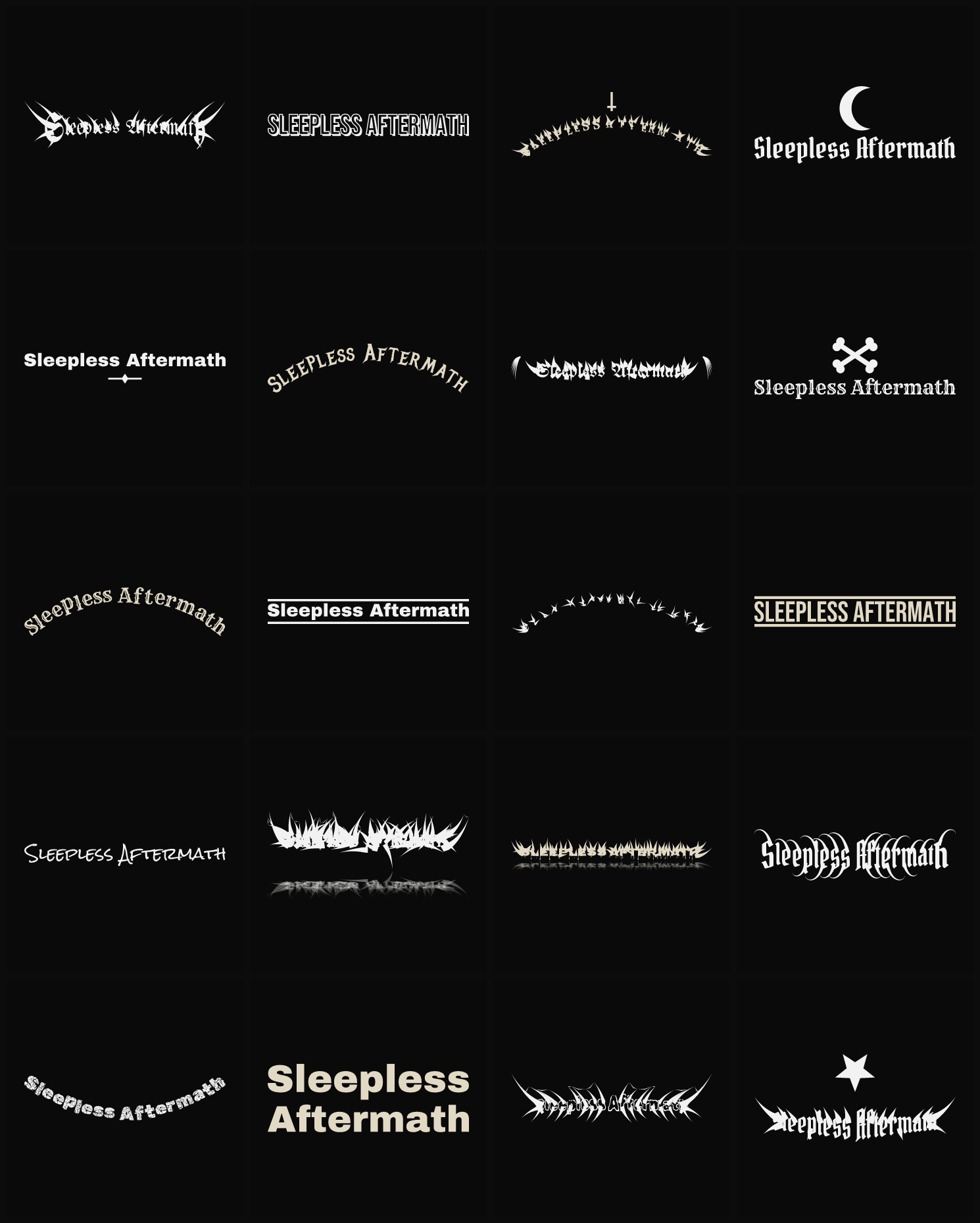 Twenty Sleepless Aftermath band logo ideas — different faces, treatments and spike settings