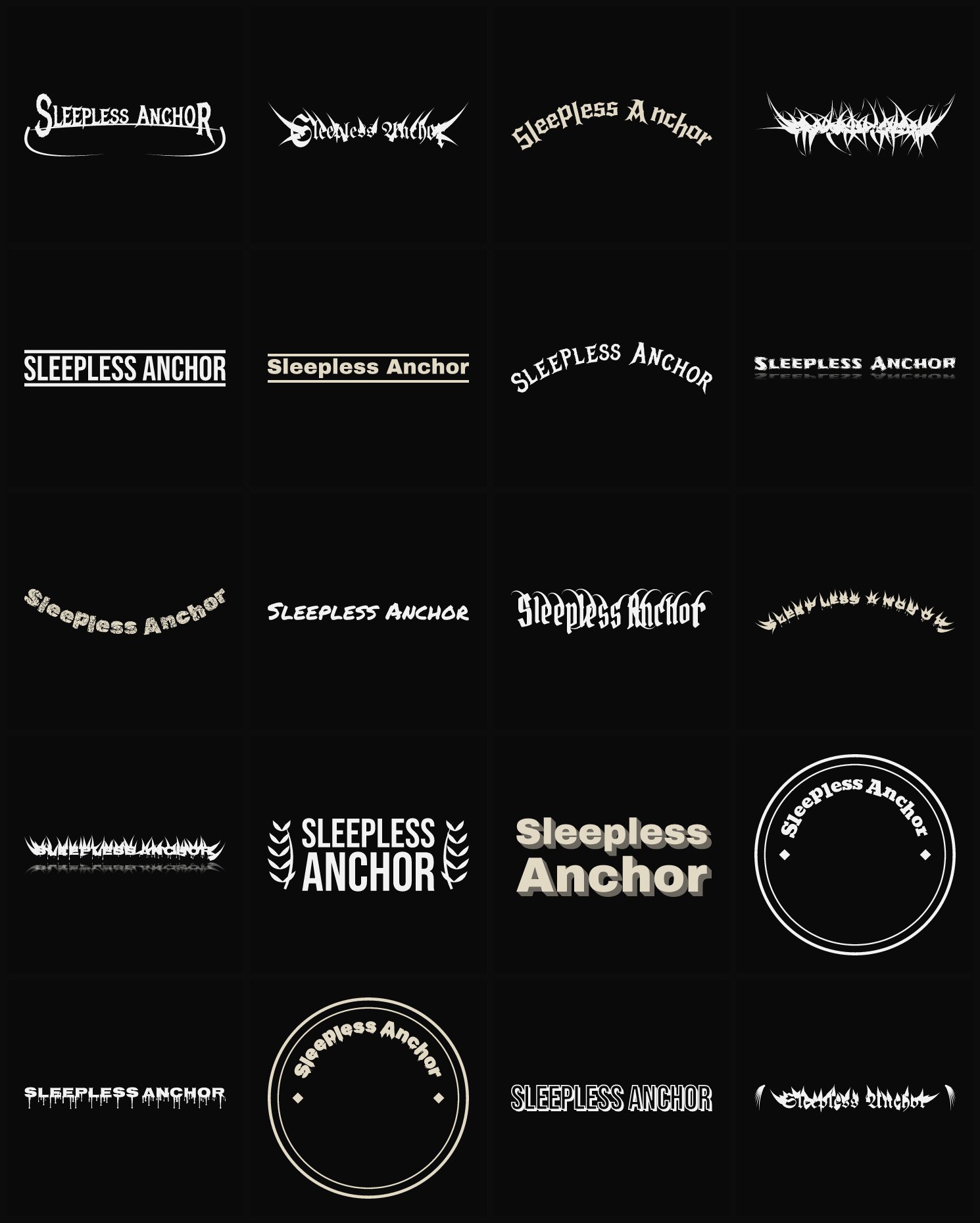 Twenty Sleepless Anchor band logo ideas — different faces, treatments and spike settings