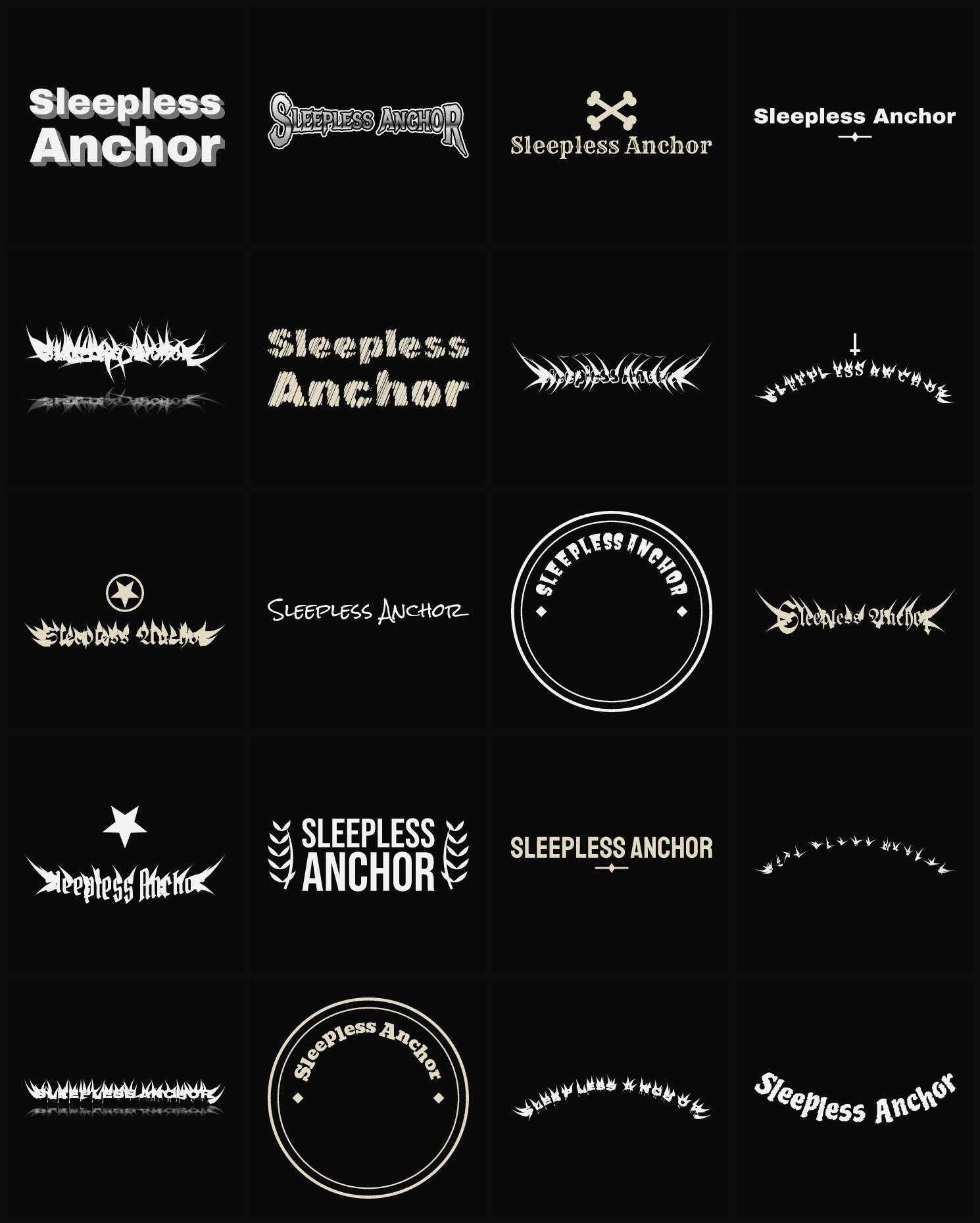 Twenty Sleepless Anchor band logo ideas — different faces, treatments and spike settings