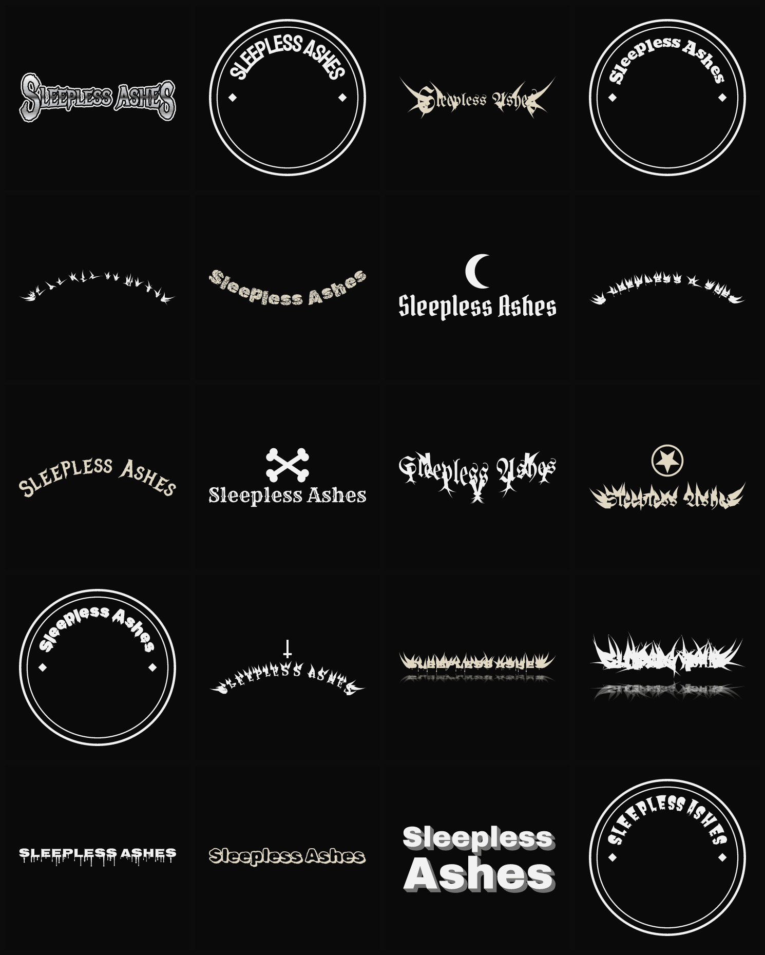 Twenty Sleepless Ashes band logo ideas — different faces, treatments and spike settings