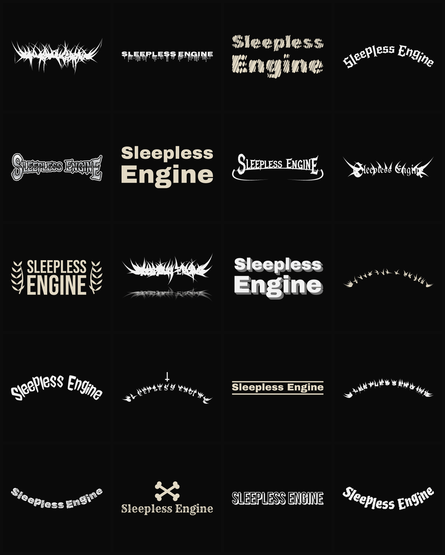 Twenty Sleepless Engine band logo ideas — different faces, treatments and spike settings