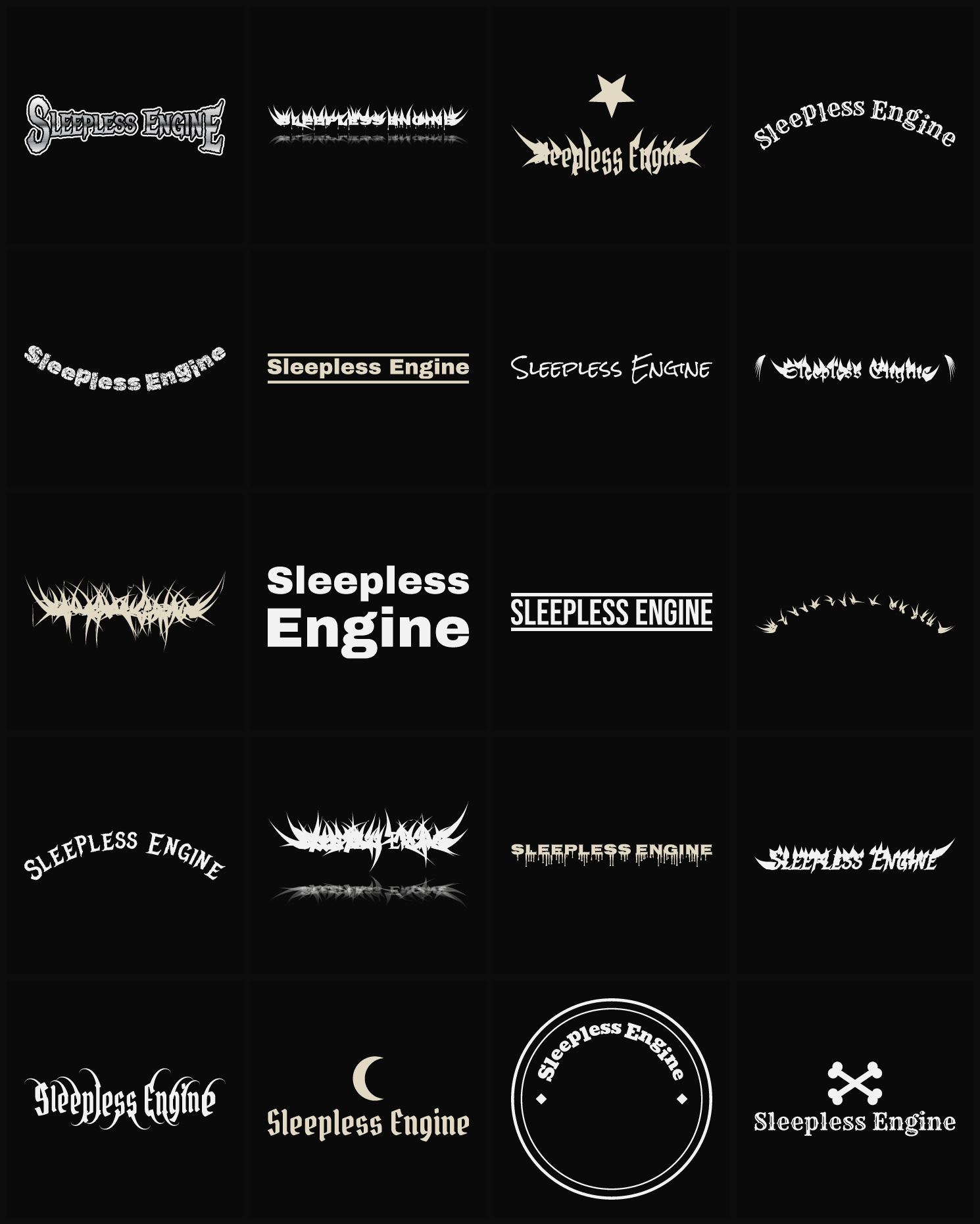 Twenty Sleepless Engine band logo ideas — different faces, treatments and spike settings
