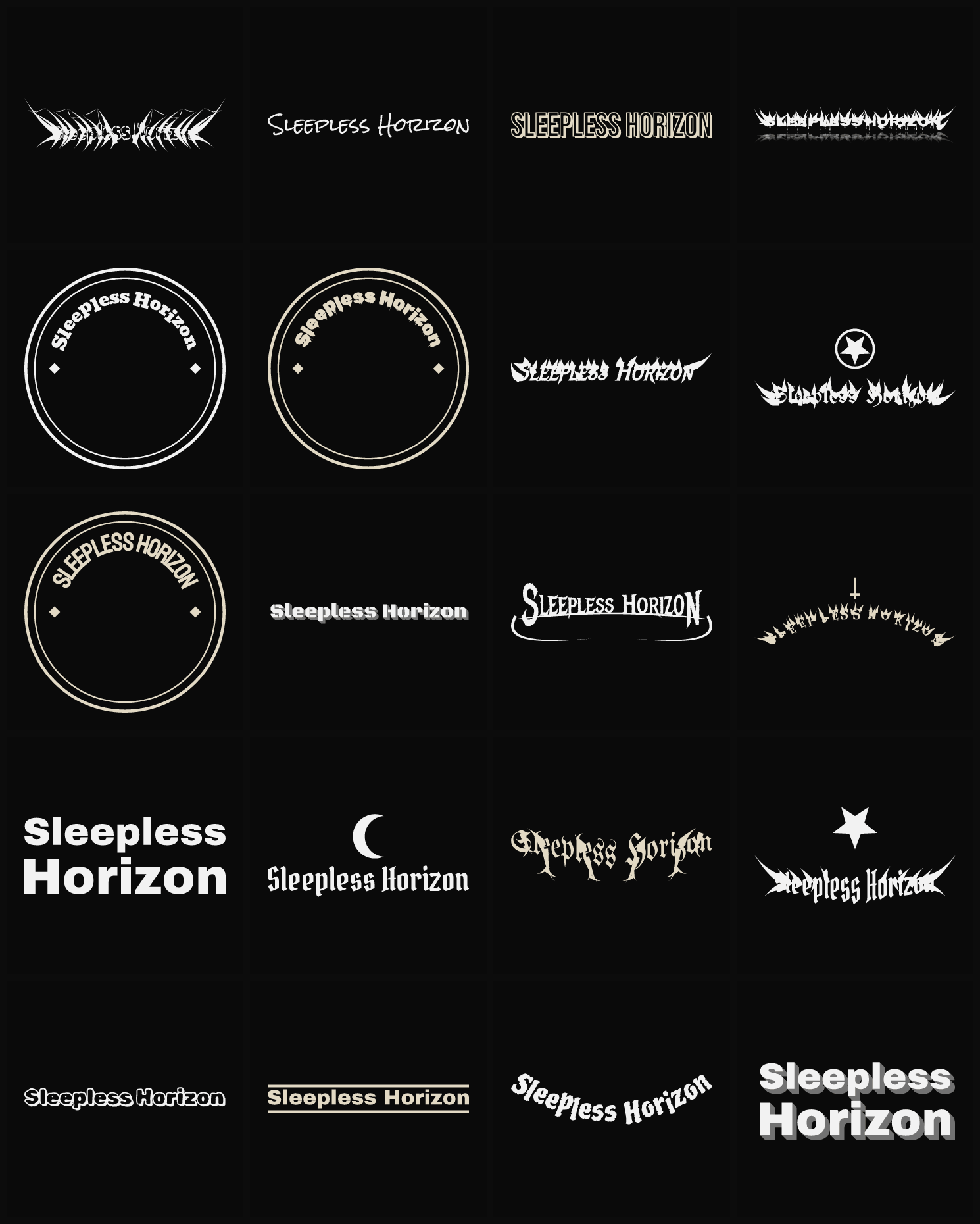 Twenty Sleepless Horizon band logo ideas — different faces, treatments and spike settings
