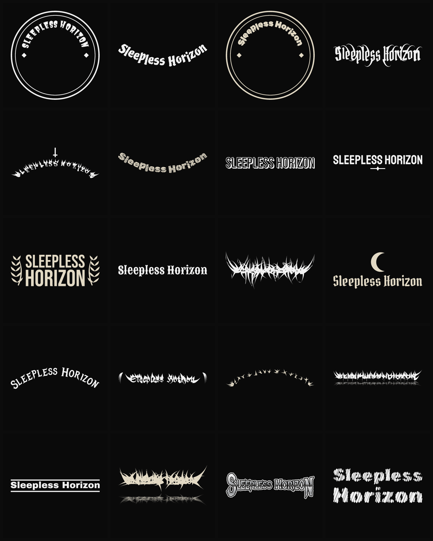 Twenty Sleepless Horizon band logo ideas — different faces, treatments and spike settings