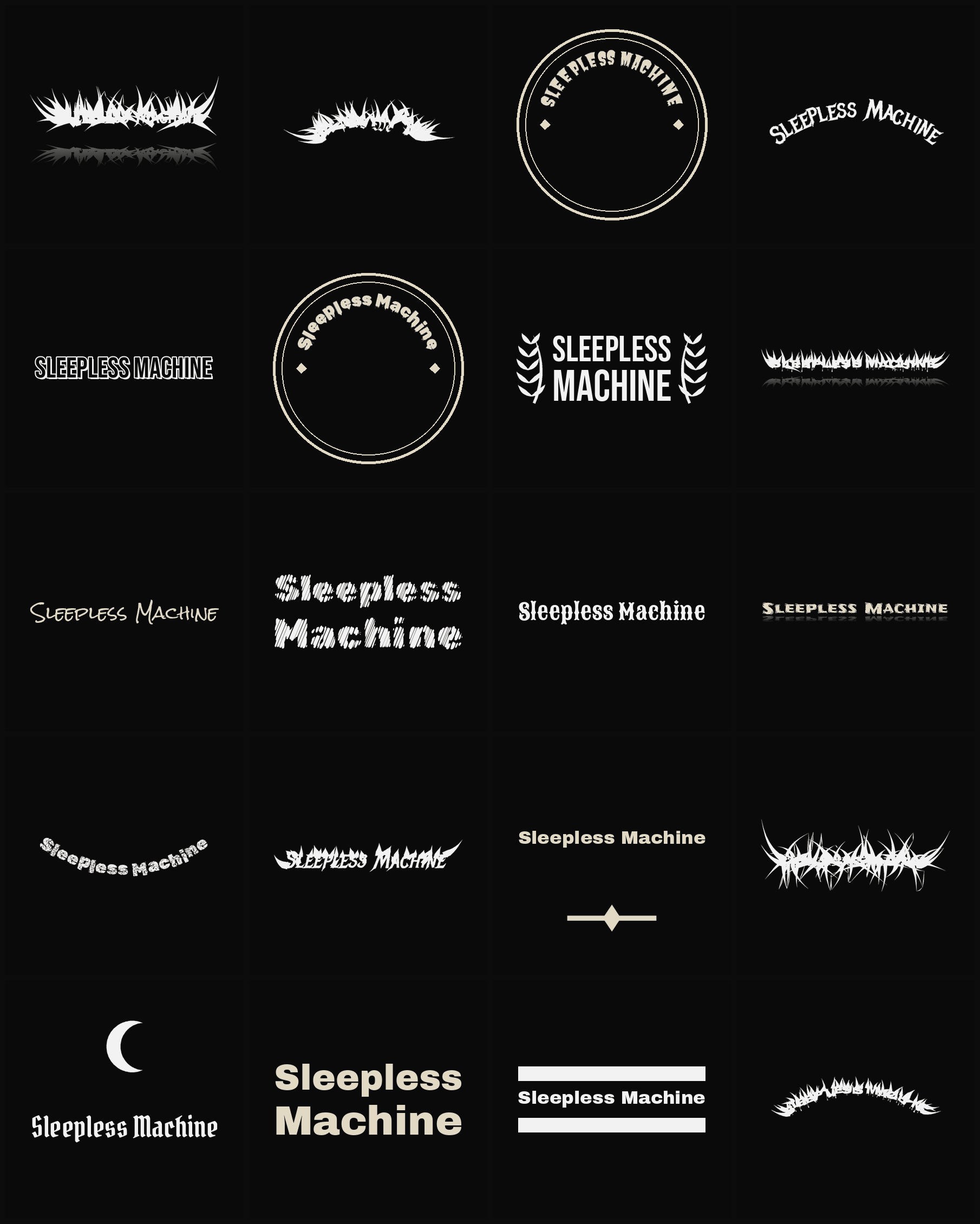 Twenty Sleepless Machine band logo ideas — different faces, treatments and spike settings