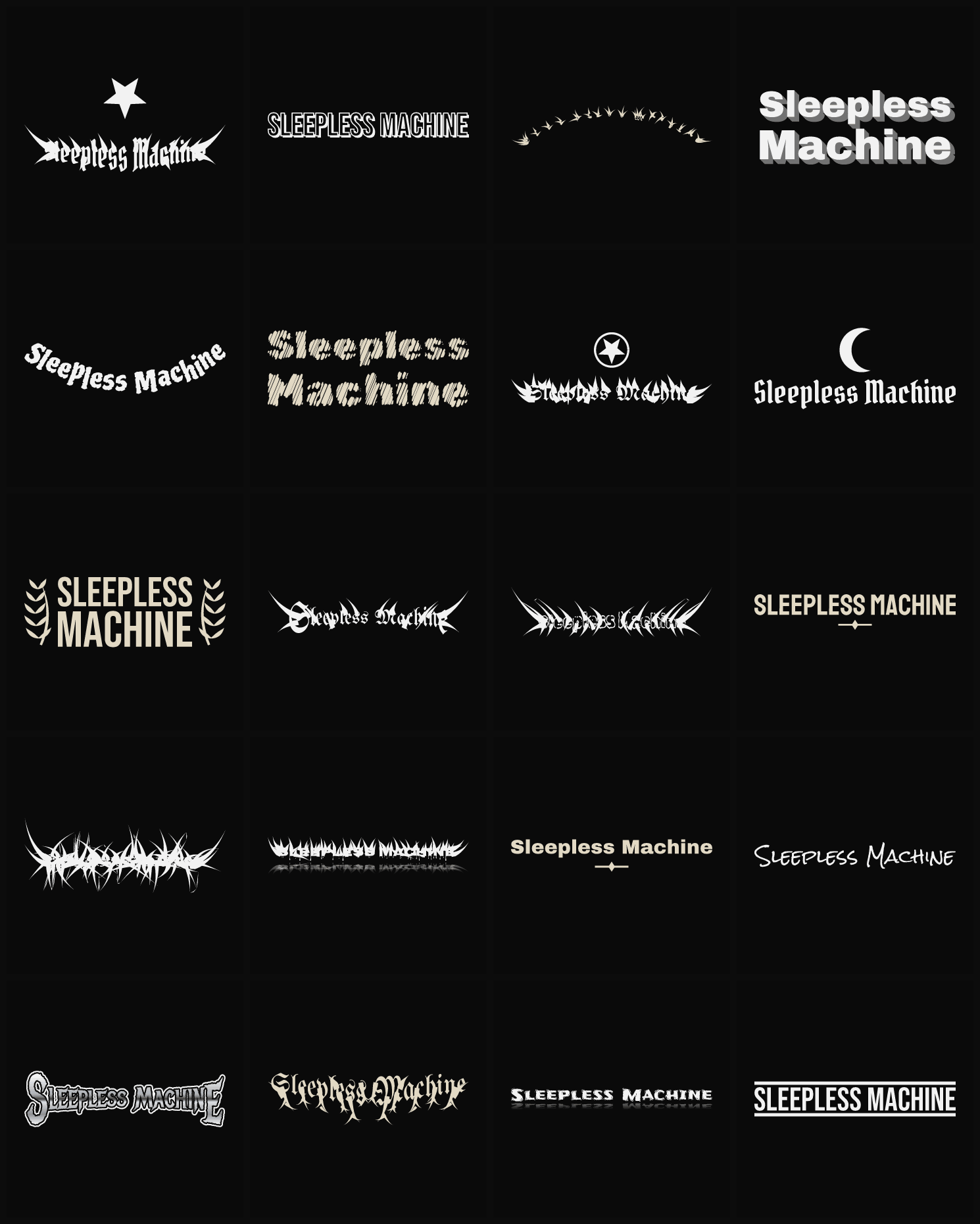 Twenty Sleepless Machine band logo ideas — different faces, treatments and spike settings