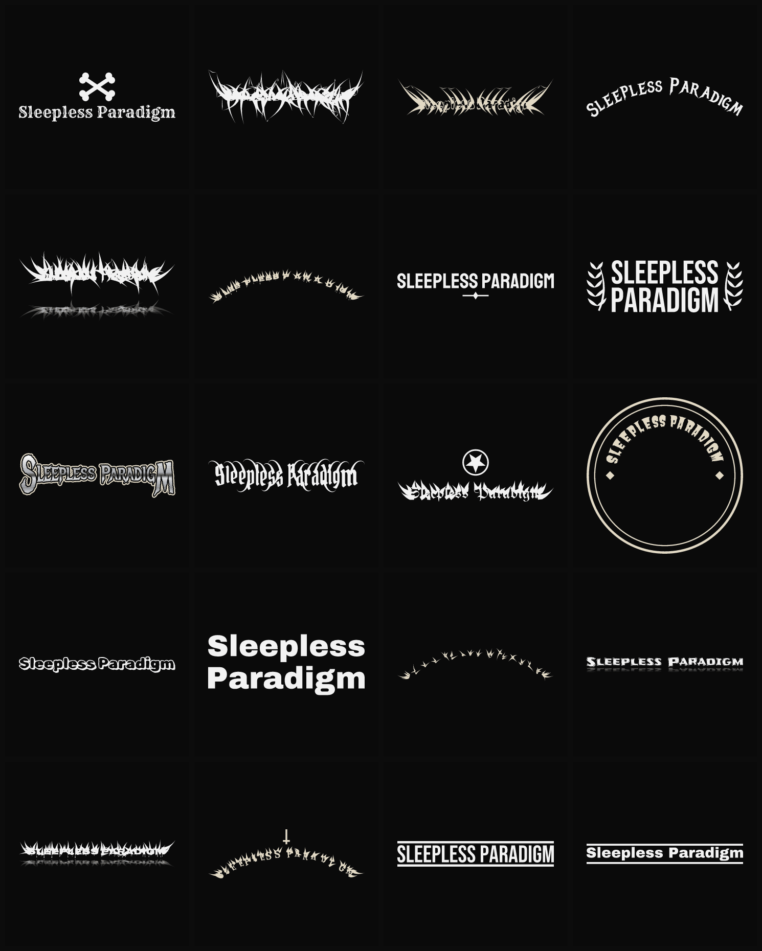 Twenty Sleepless Paradigm band logo ideas — different faces, treatments and spike settings