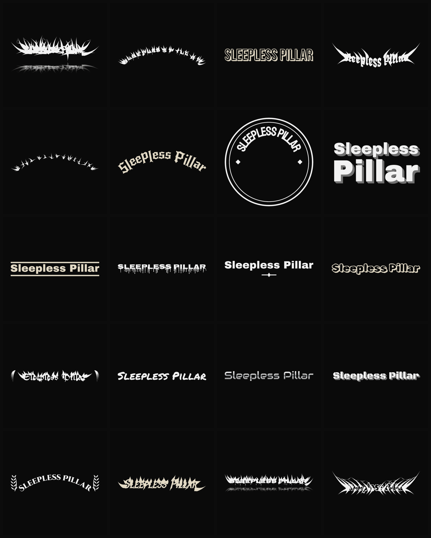 Twenty Sleepless Pillar band logo ideas — different faces, treatments and spike settings