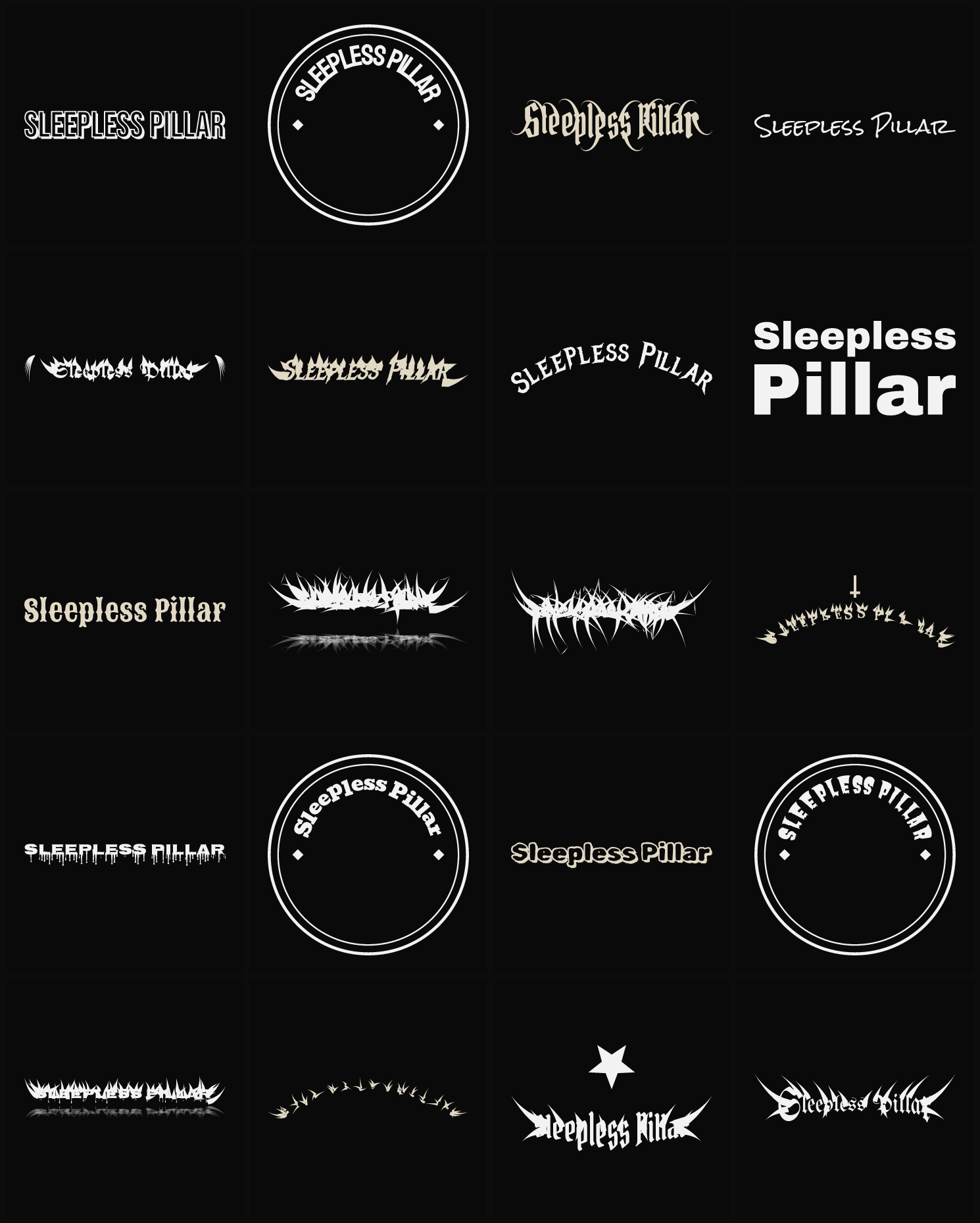 Twenty Sleepless Pillar band logo ideas — different faces, treatments and spike settings