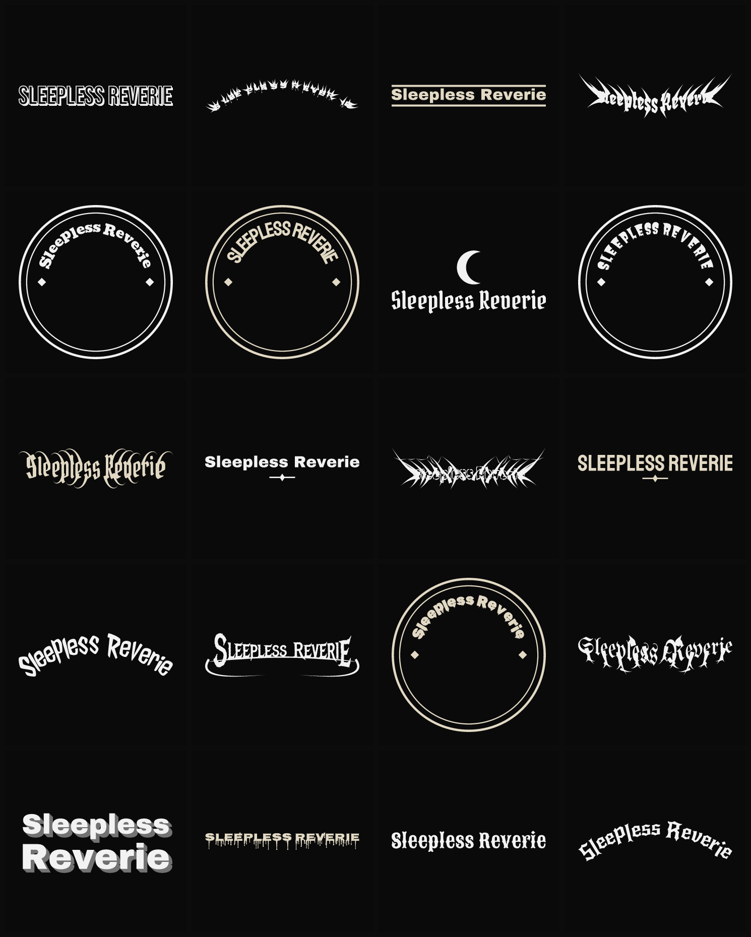Twenty Sleepless Reverie band logo ideas — different faces, treatments and spike settings
