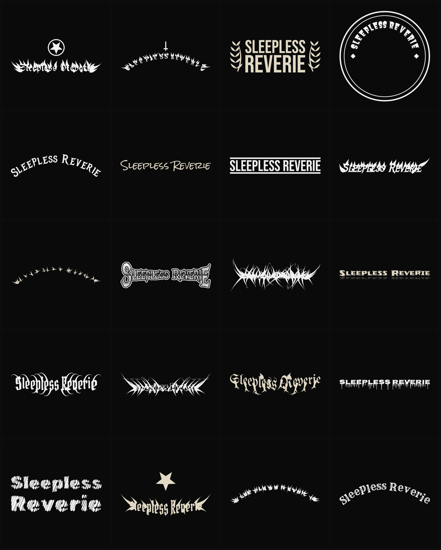 Twenty Sleepless Reverie band logo ideas — different faces, treatments and spike settings