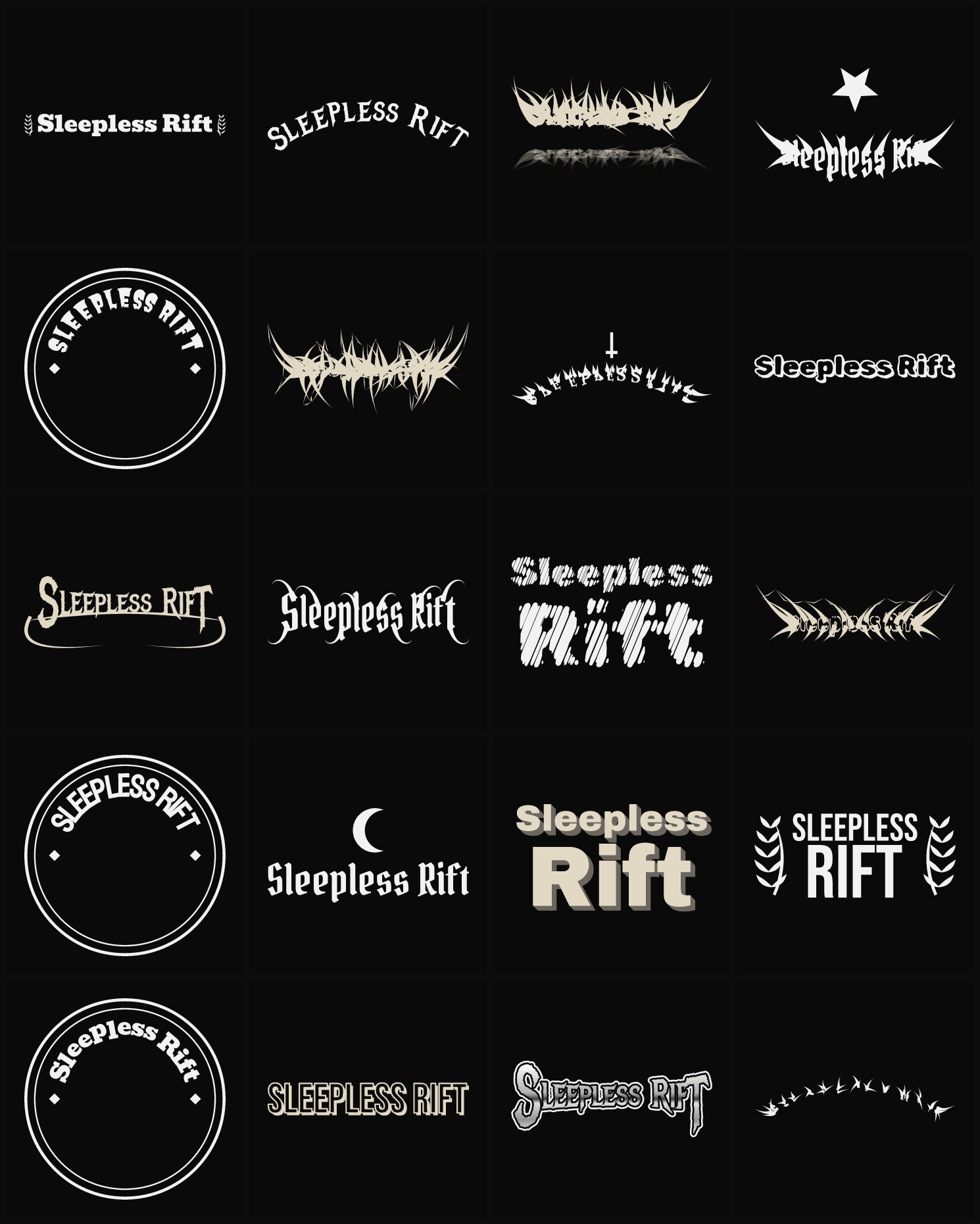 Twenty Sleepless Rift band logo ideas — different faces, treatments and spike settings