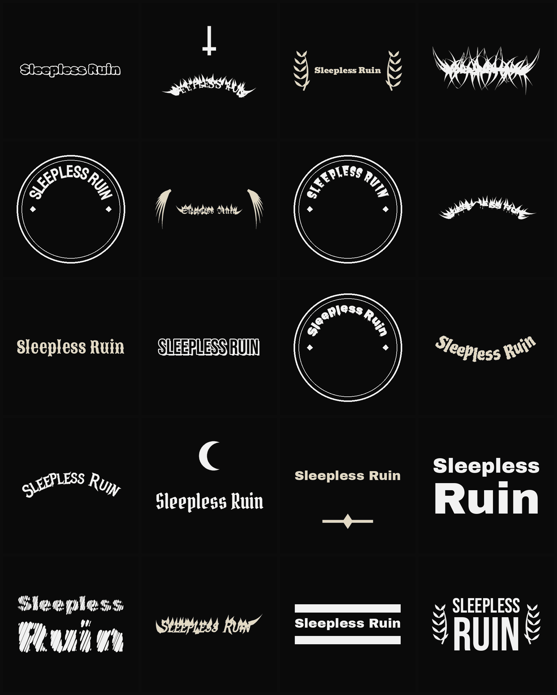 Twenty Sleepless Ruin band logo ideas — different faces, treatments and spike settings