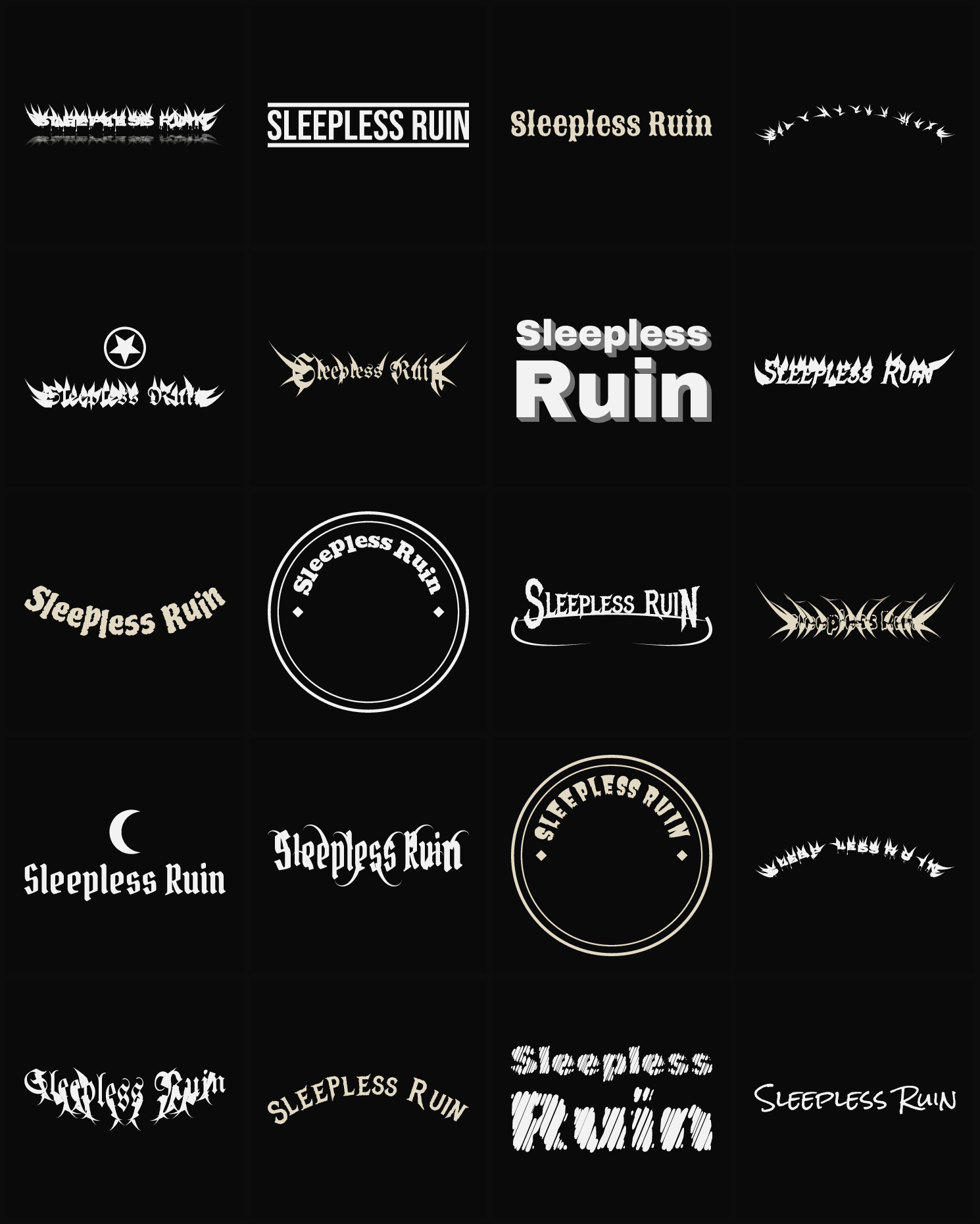 Twenty Sleepless Ruin band logo ideas — different faces, treatments and spike settings