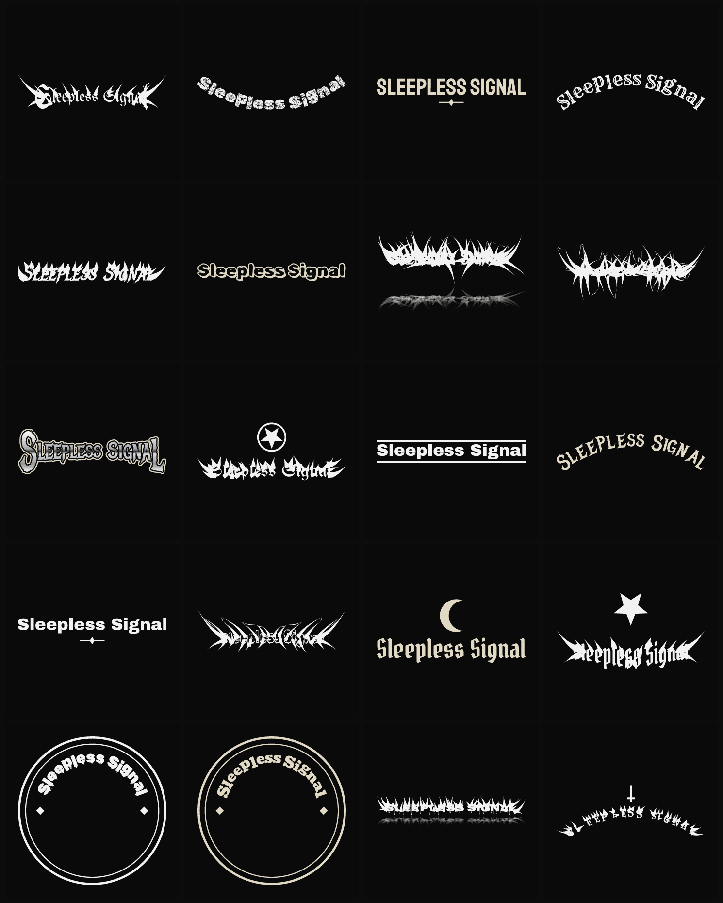 Twenty Sleepless Signal band logo ideas — different faces, treatments and spike settings