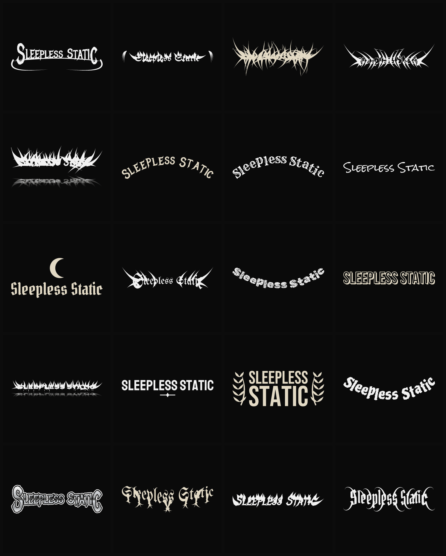 Twenty Sleepless Static band logo ideas — different faces, treatments and spike settings