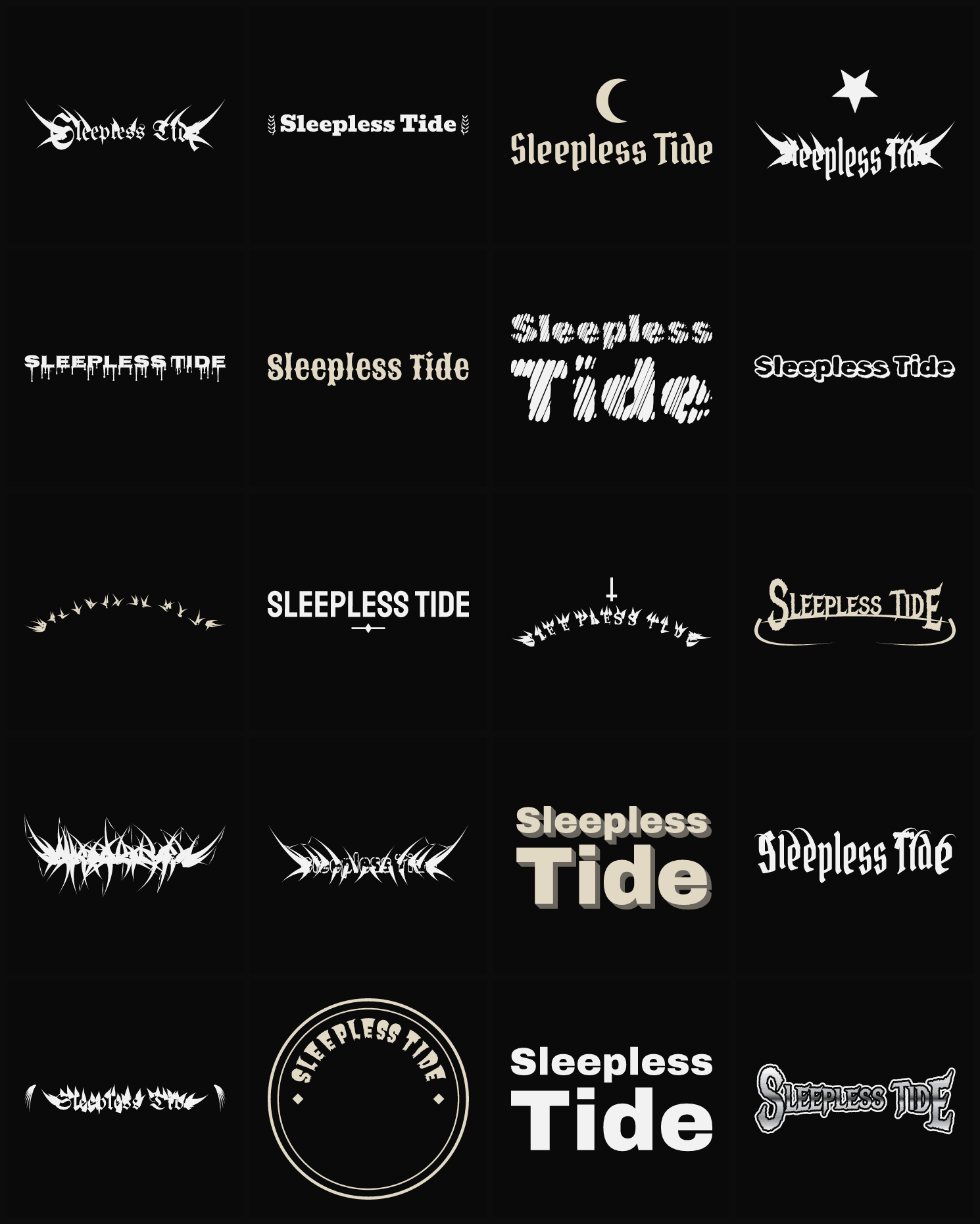 Twenty Sleepless Tide band logo ideas — different faces, treatments and spike settings