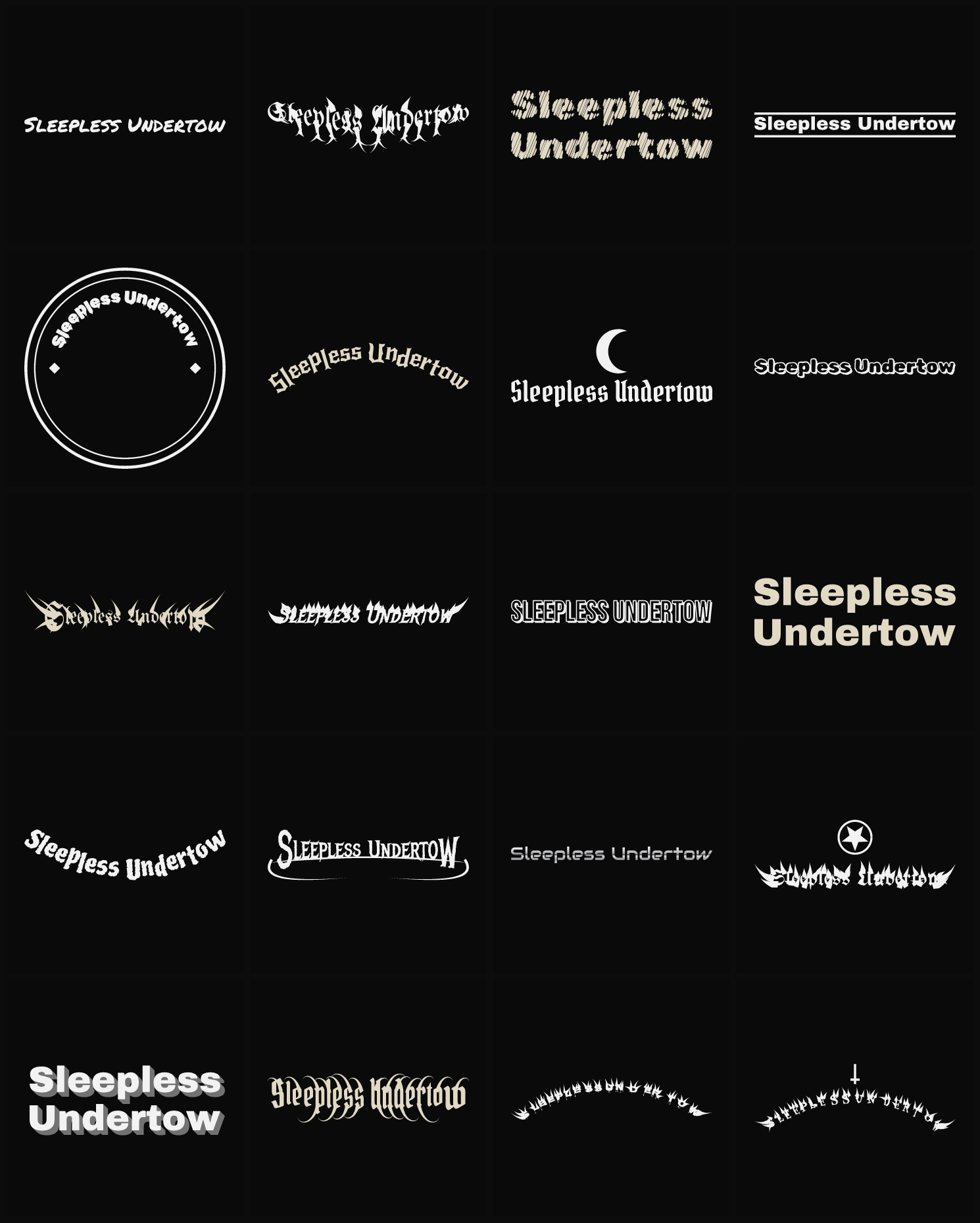 Twenty Sleepless Undertow band logo ideas — different faces, treatments and spike settings