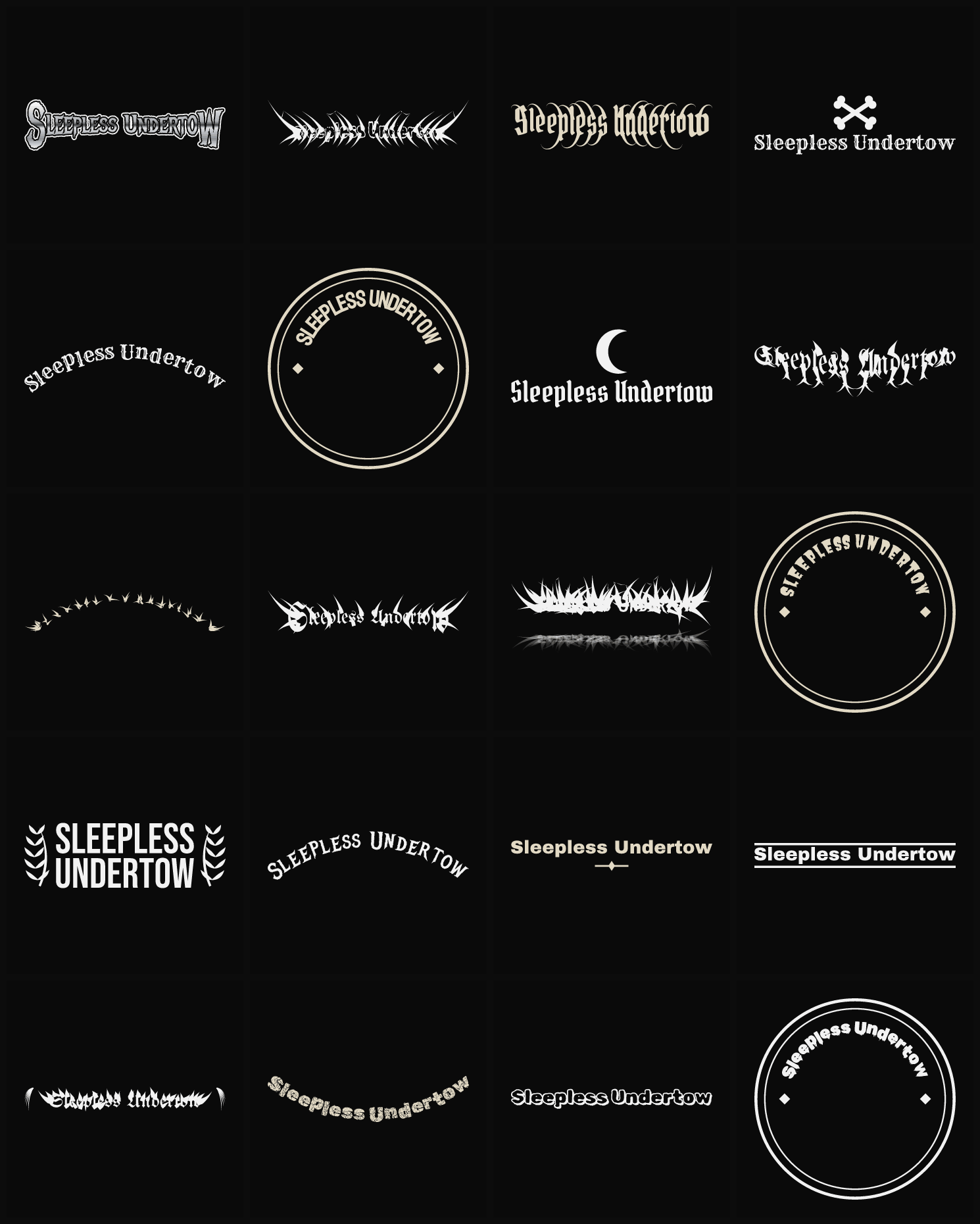 Twenty Sleepless Undertow band logo ideas — different faces, treatments and spike settings