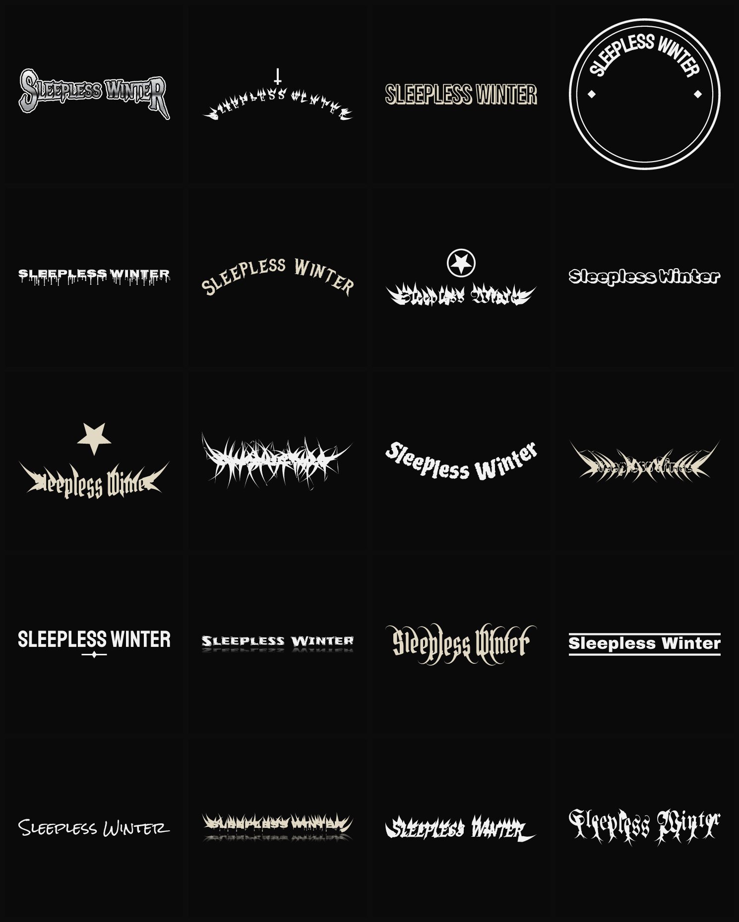 Twenty Sleepless Winter band logo ideas — different faces, treatments and spike settings