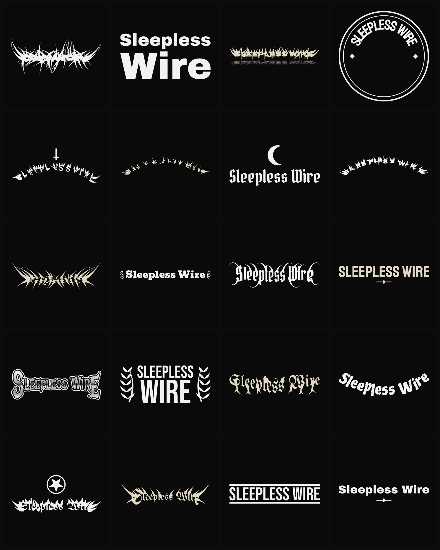 Twenty Sleepless Wire band logo ideas — different faces, treatments and spike settings