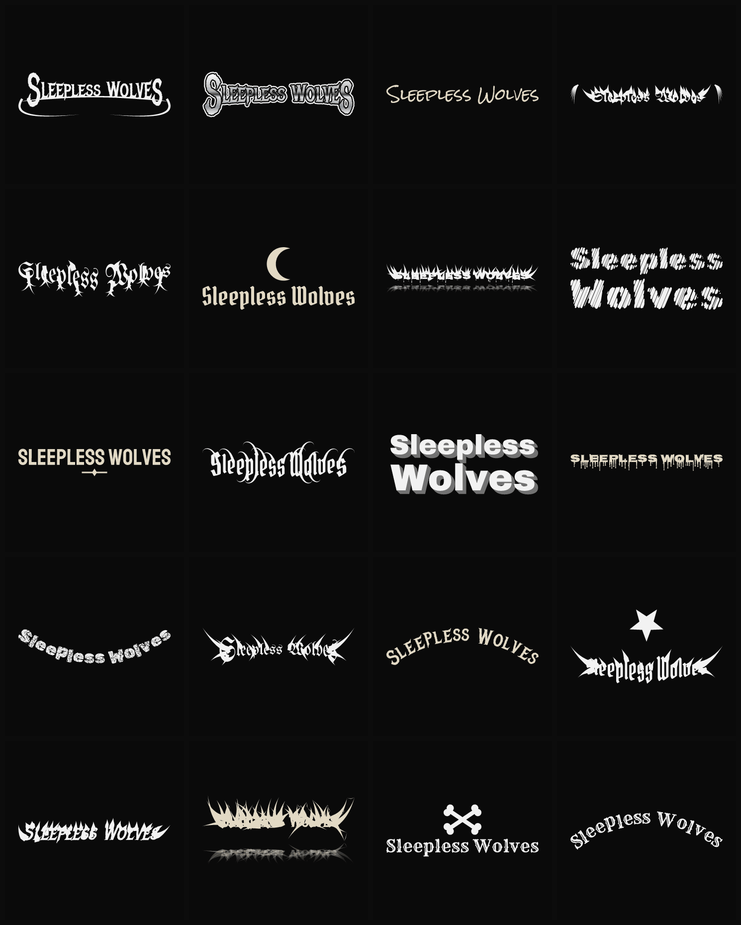 Twenty Sleepless Wolves band logo ideas — different faces, treatments and spike settings