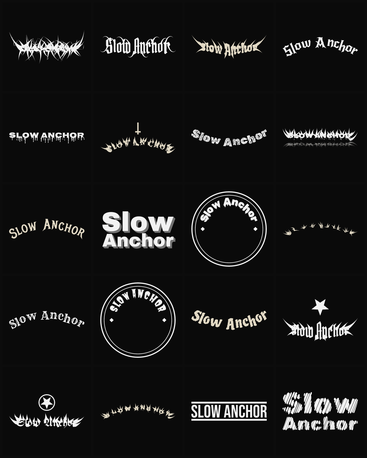 Twenty Slow Anchor band logo ideas — different faces, treatments and spike settings