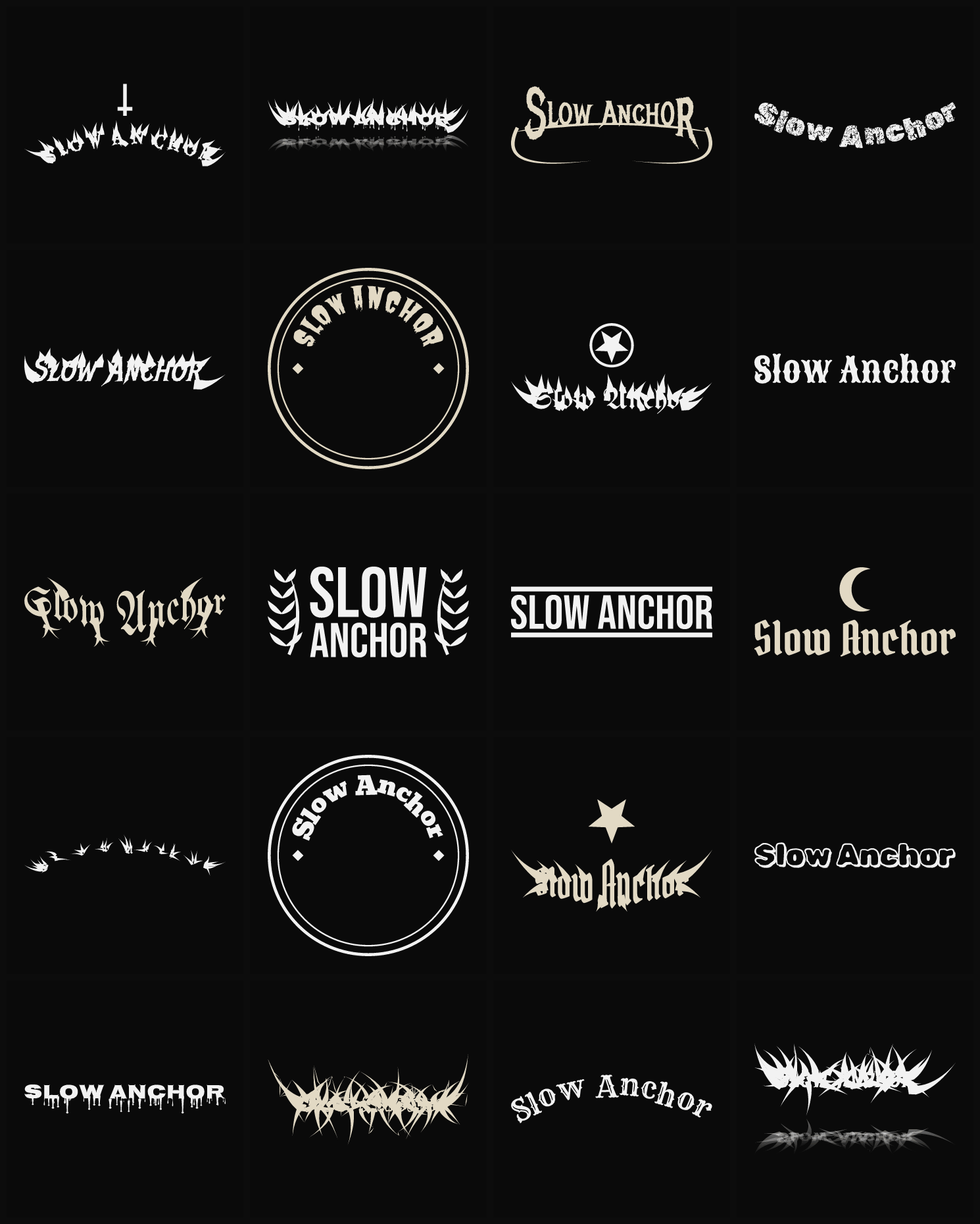 Twenty Slow Anchor band logo ideas — different faces, treatments and spike settings
