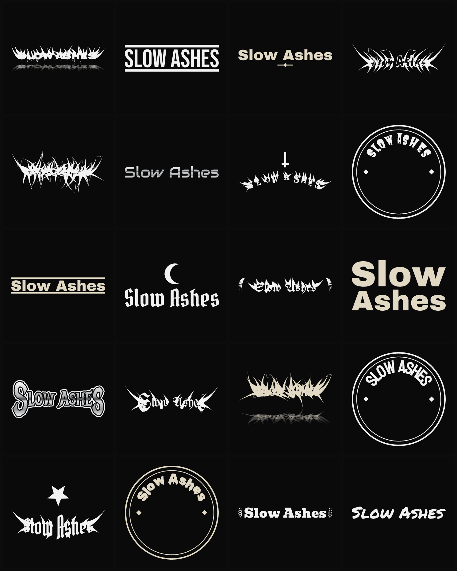Twenty Slow Ashes band logo ideas — different faces, treatments and spike settings