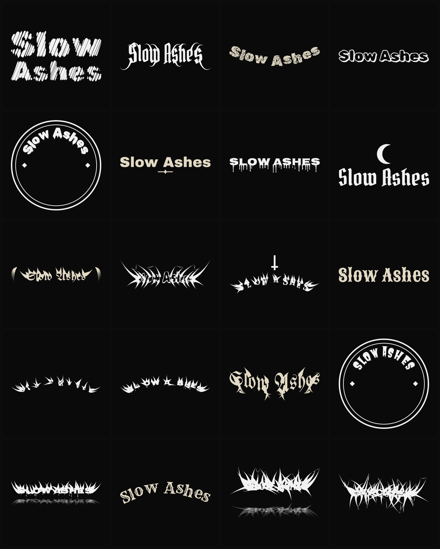 Twenty Slow Ashes band logo ideas — different faces, treatments and spike settings