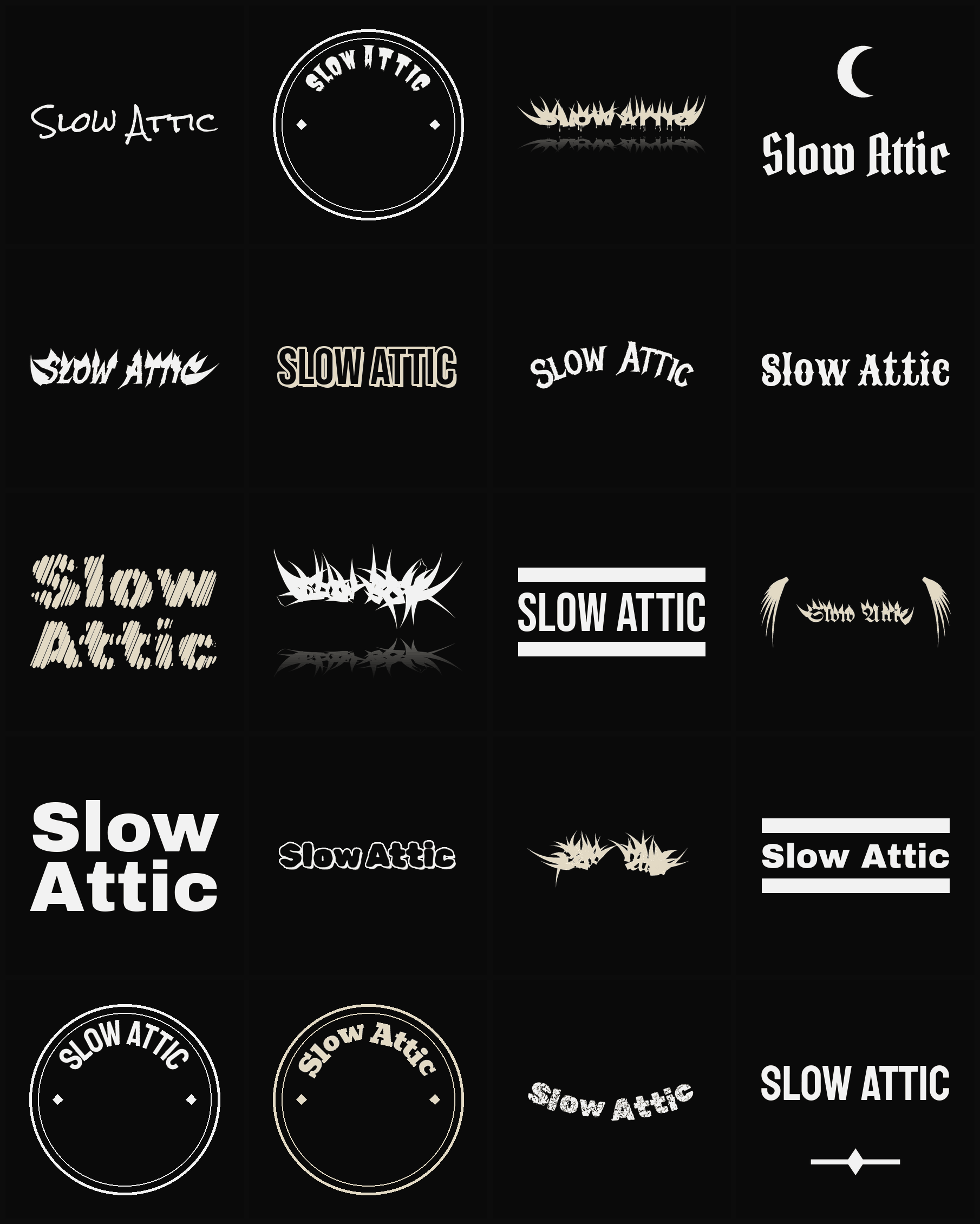 Twenty Slow Attic band logo ideas — different faces, treatments and spike settings