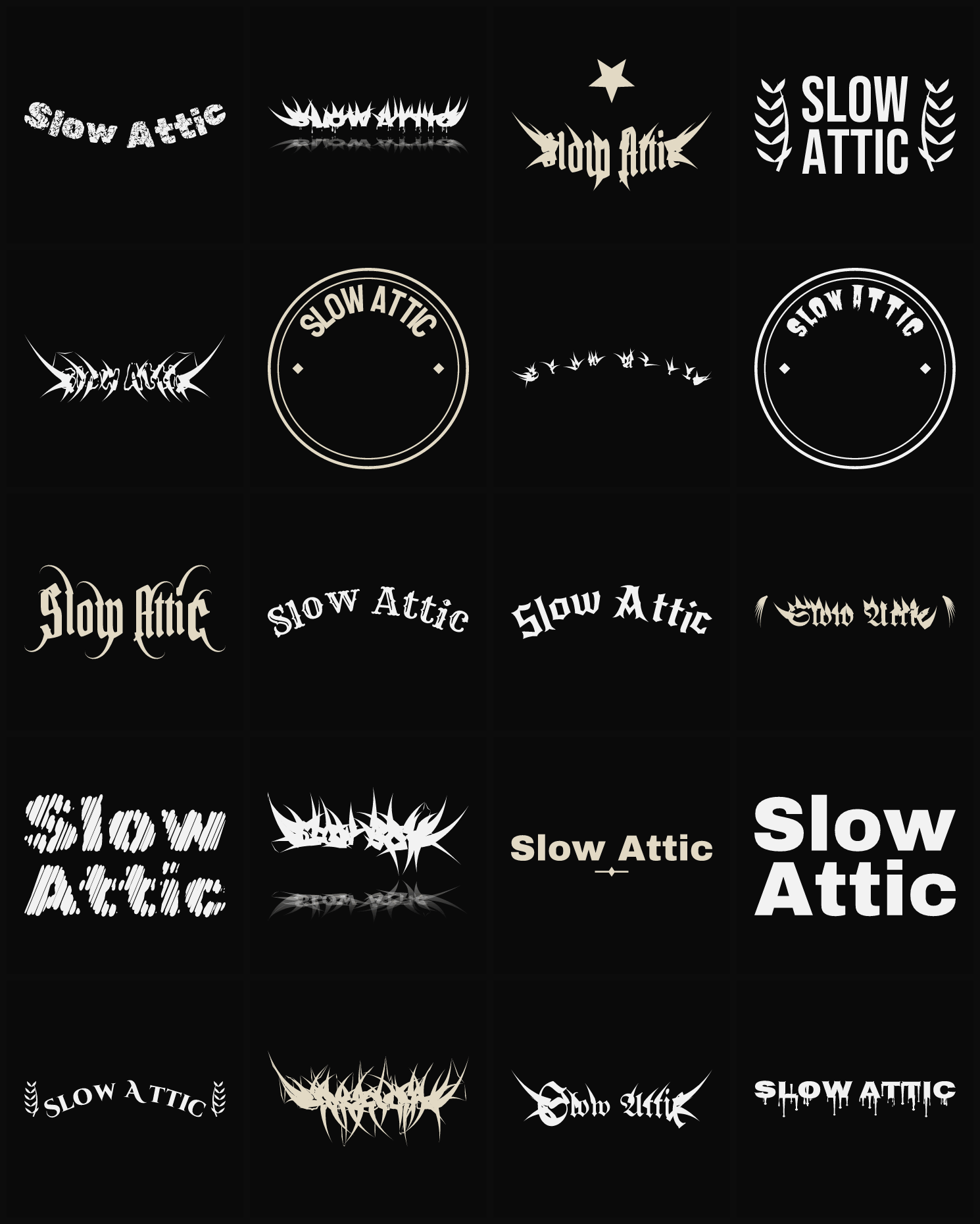 Twenty Slow Attic band logo ideas — different faces, treatments and spike settings