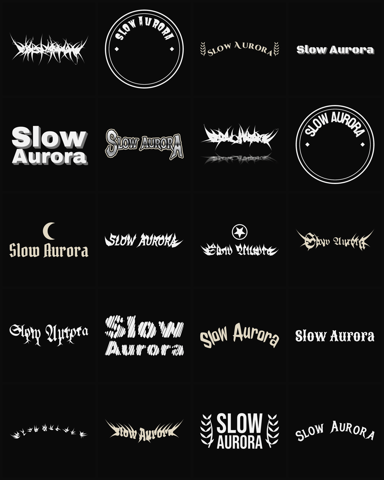 Twenty Slow Aurora band logo ideas — different faces, treatments and spike settings