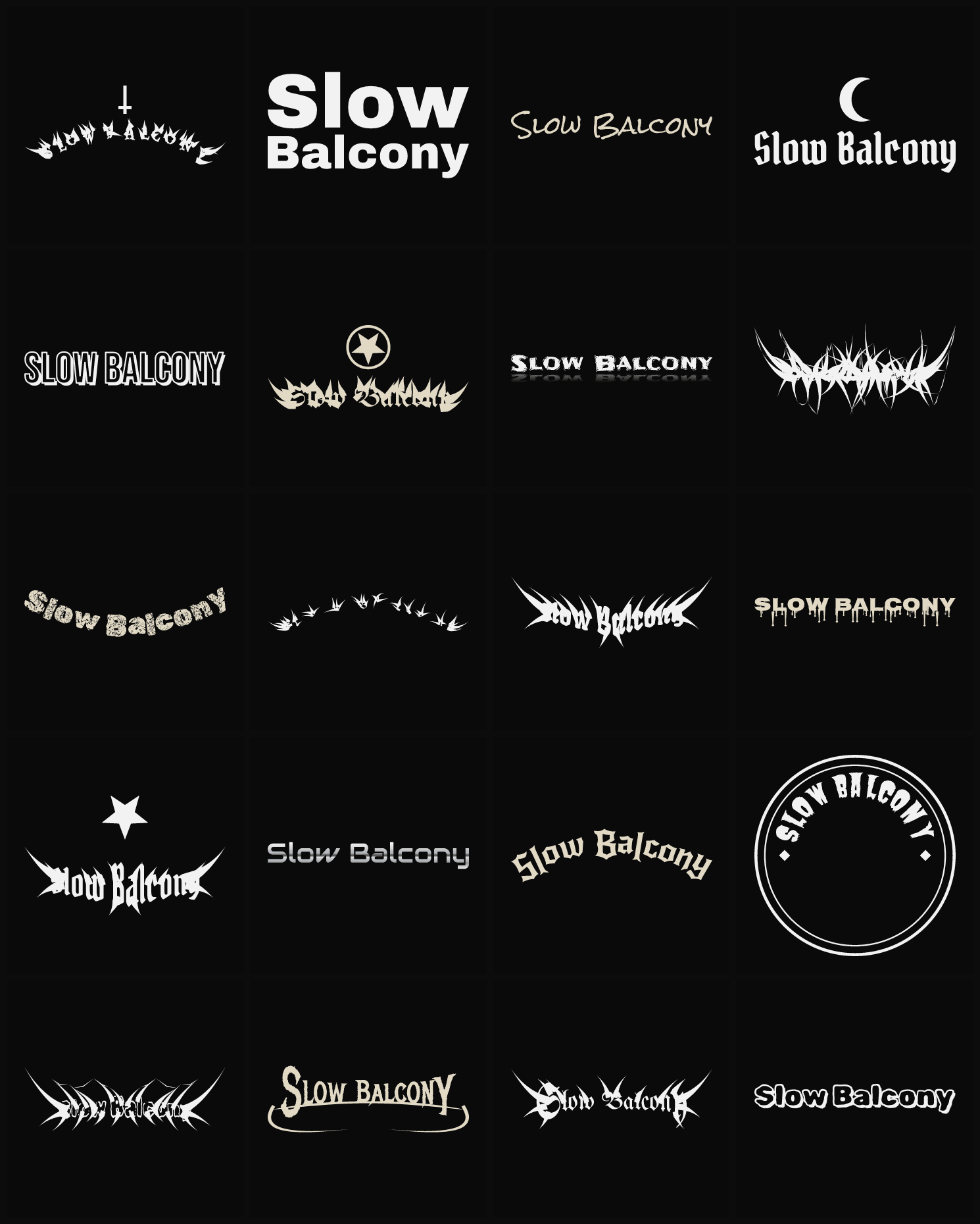 Twenty Slow Balcony band logo ideas — different faces, treatments and spike settings