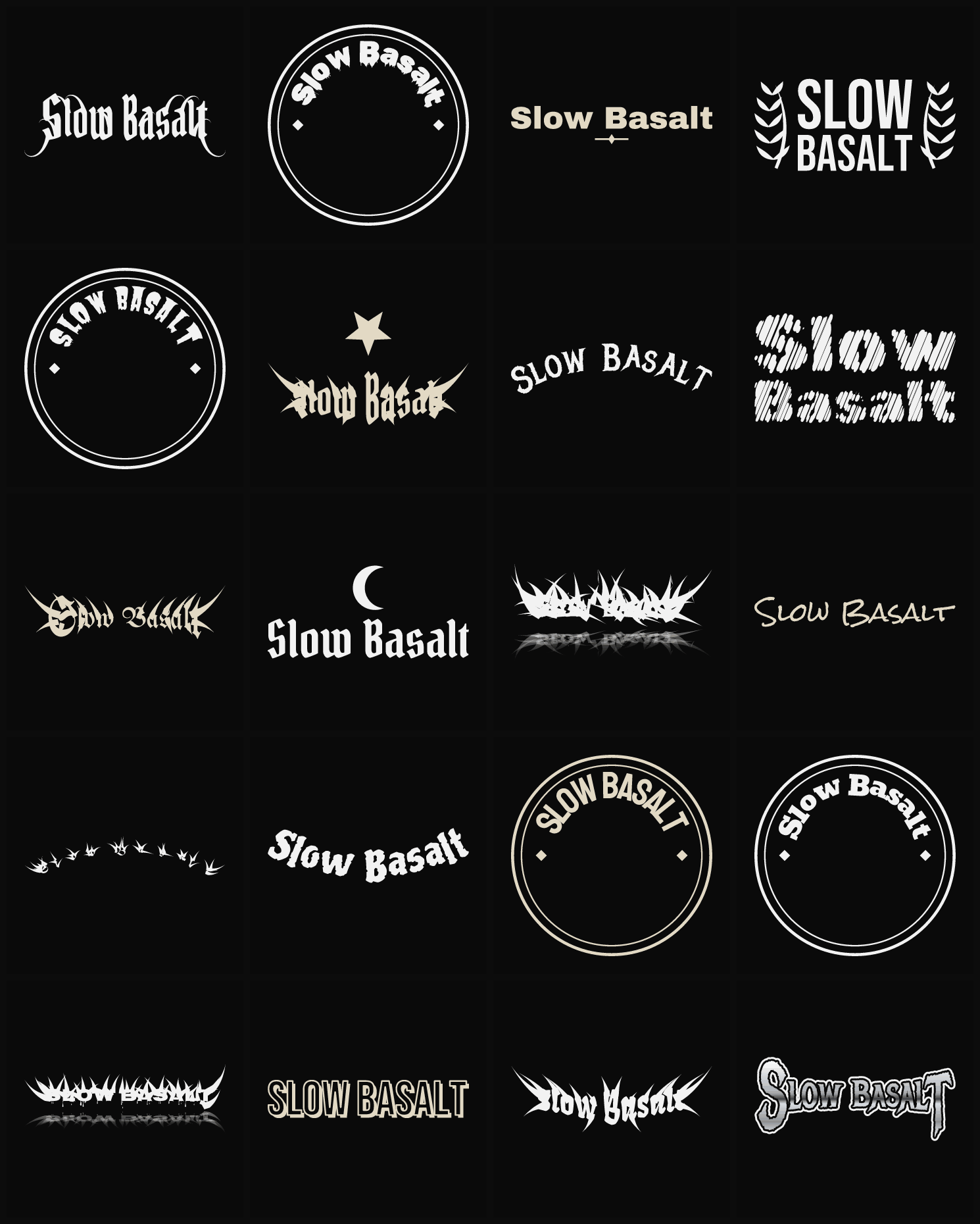Twenty Slow Basalt band logo ideas — different faces, treatments and spike settings
