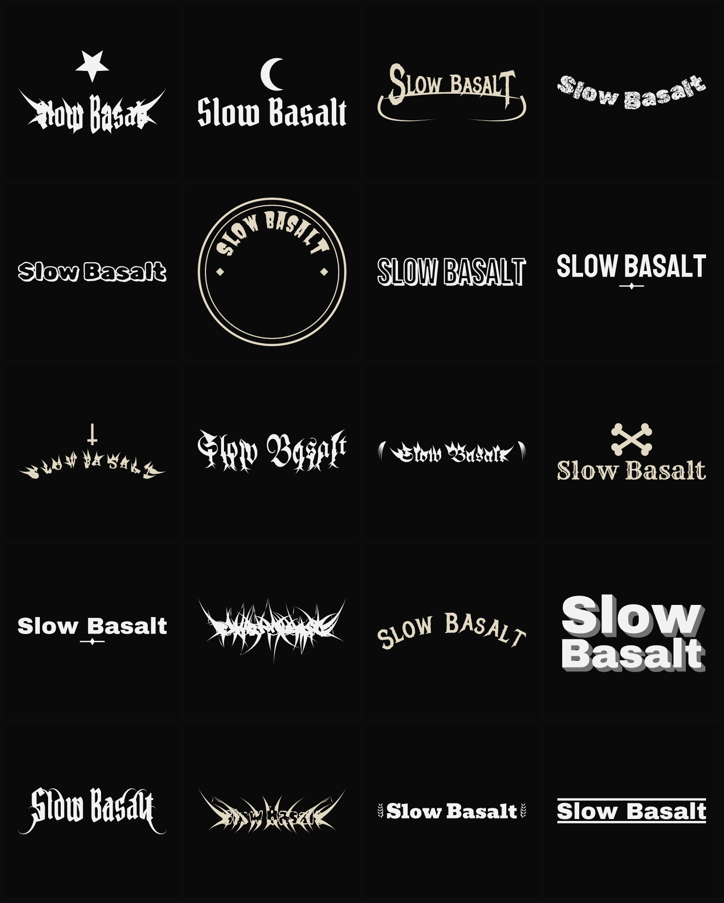 Twenty Slow Basalt band logo ideas — different faces, treatments and spike settings