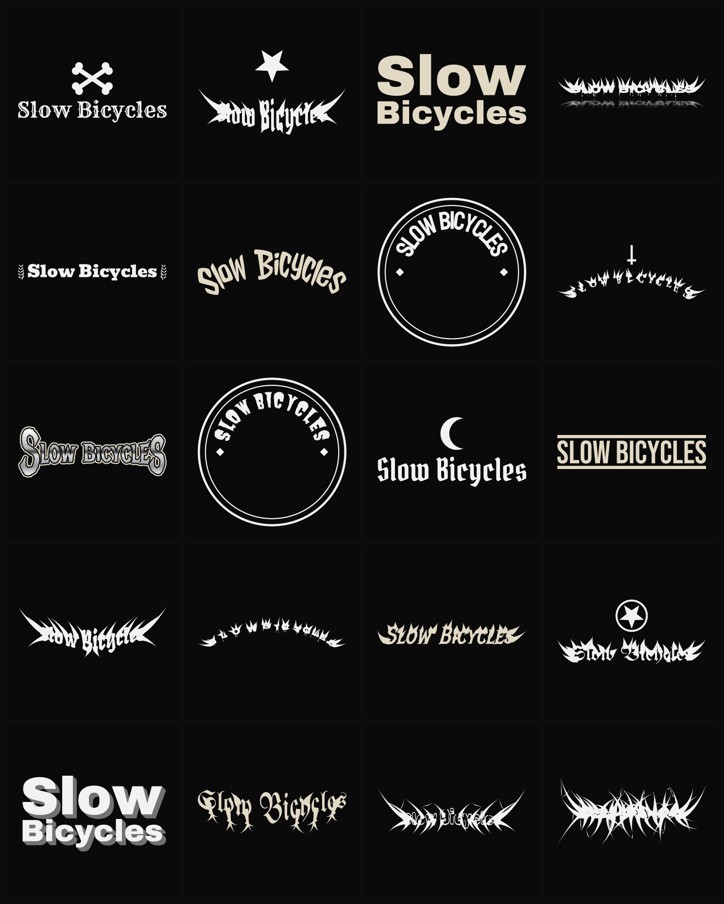 Twenty Slow Bicycles band logo ideas — different faces, treatments and spike settings