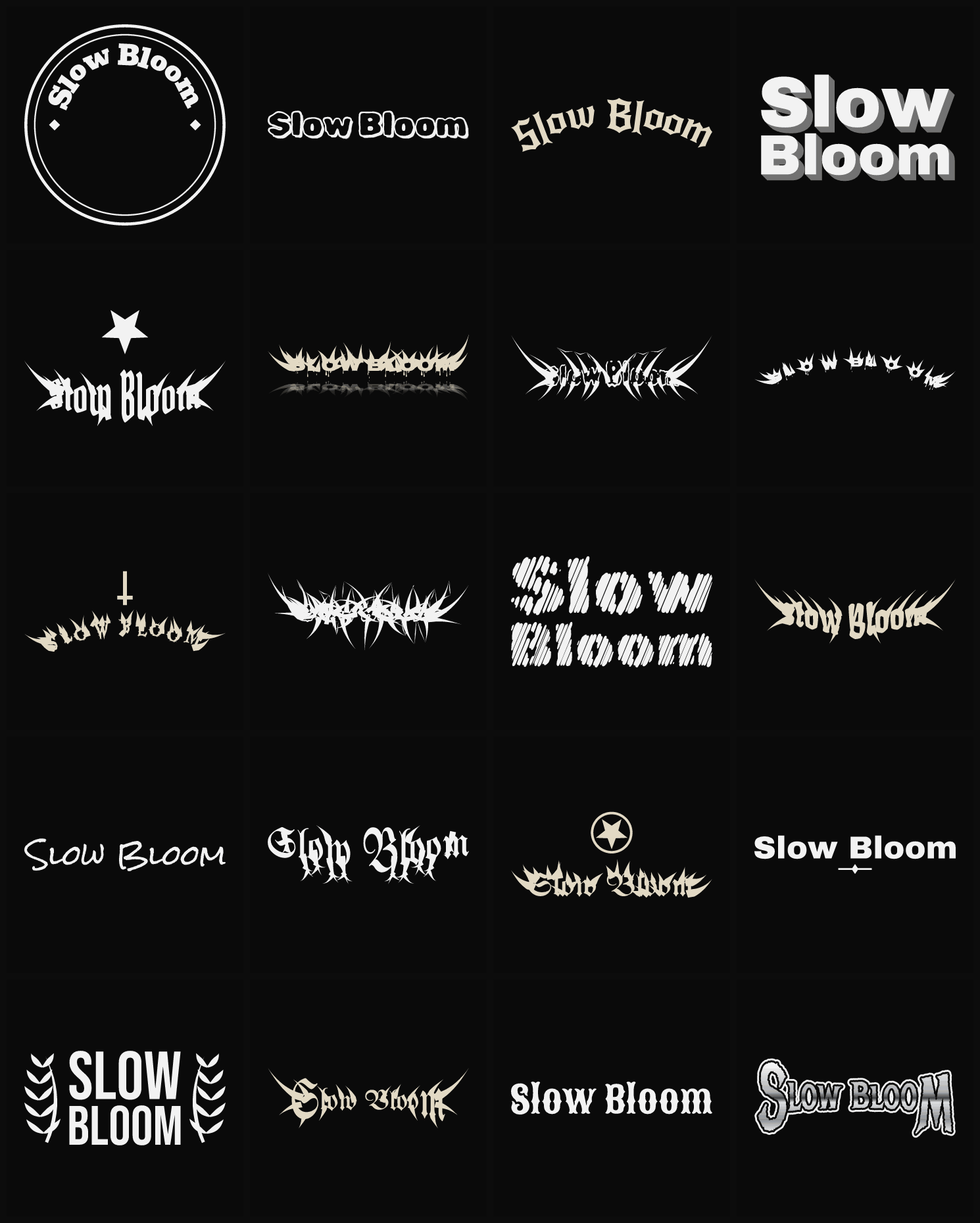 Twenty Slow Bloom band logo ideas — different faces, treatments and spike settings