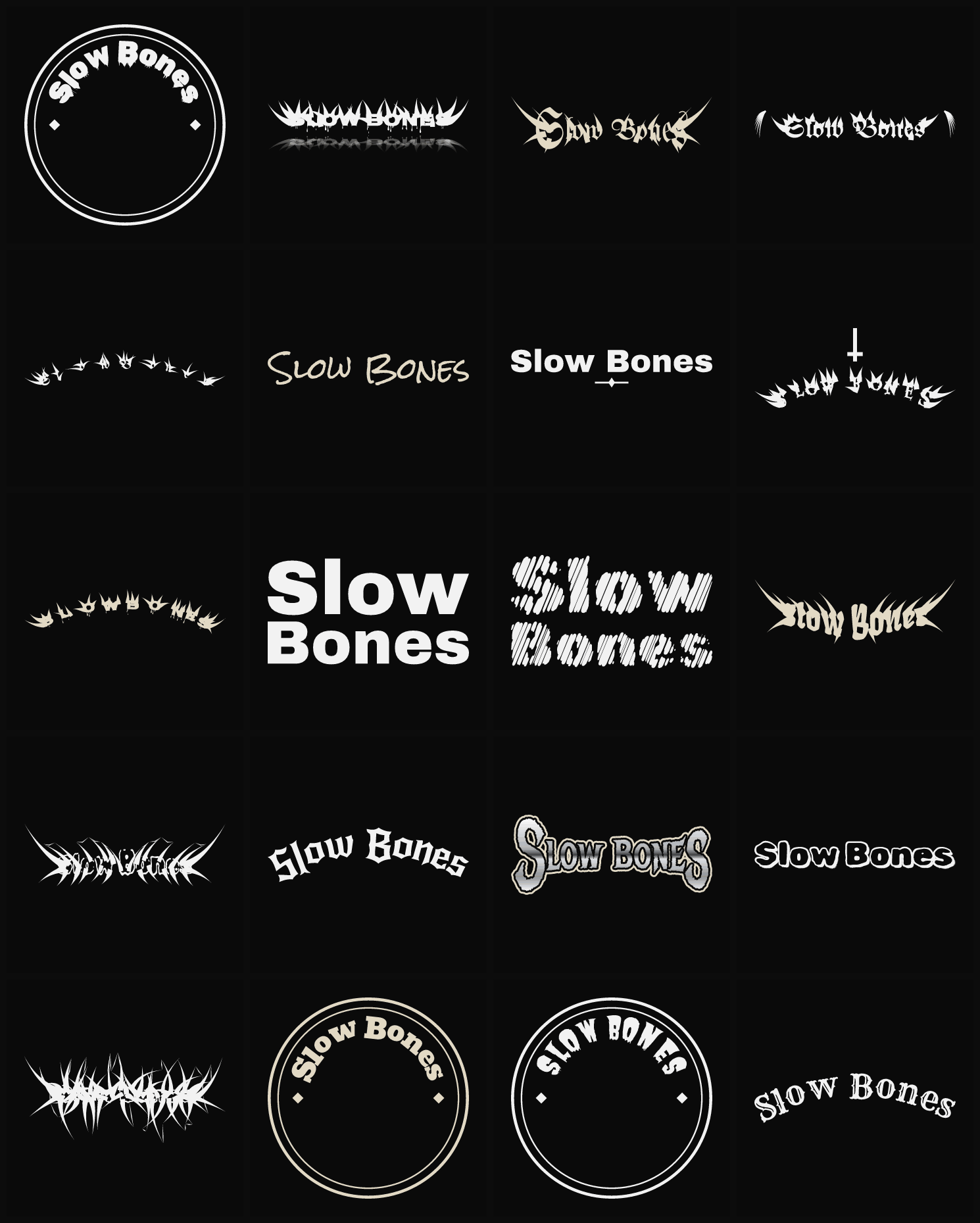 Twenty Slow Bones band logo ideas — different faces, treatments and spike settings