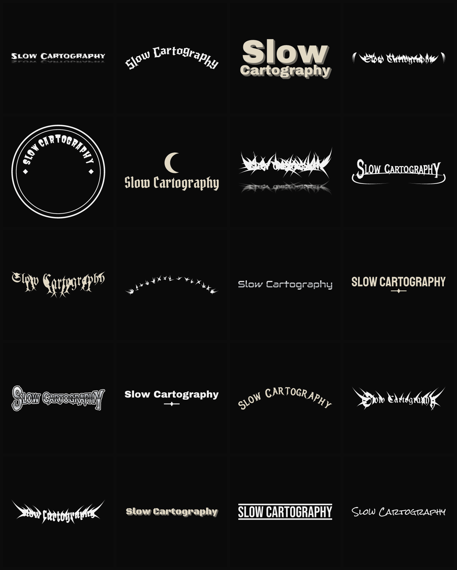 Twenty Slow Cartography band logo ideas — different faces, treatments and spike settings