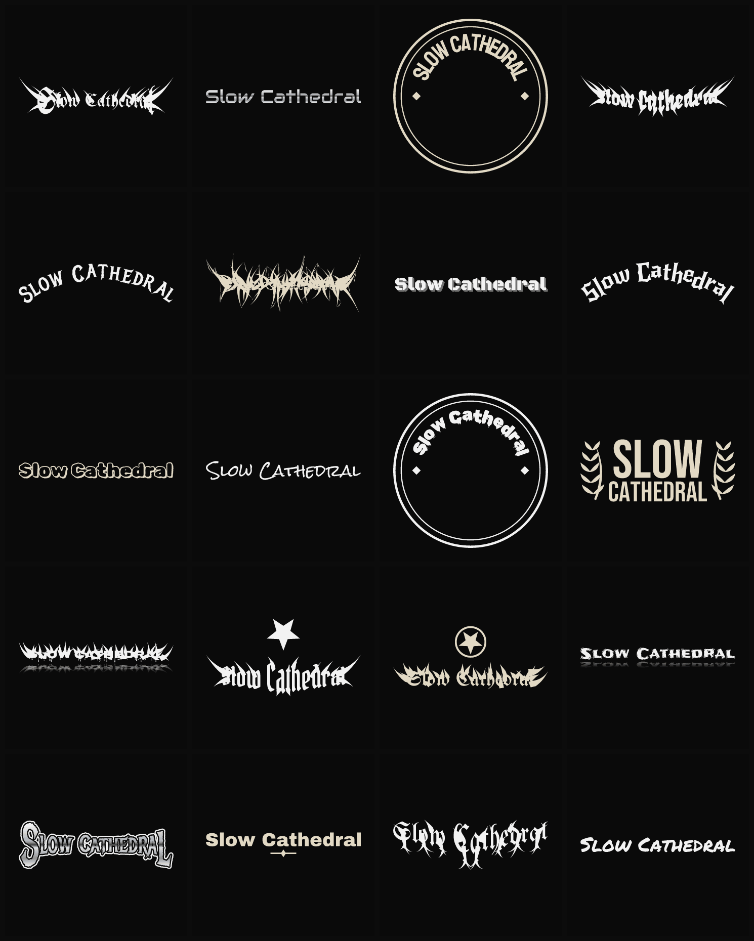 Twenty Slow Cathedral band logo ideas — different faces, treatments and spike settings