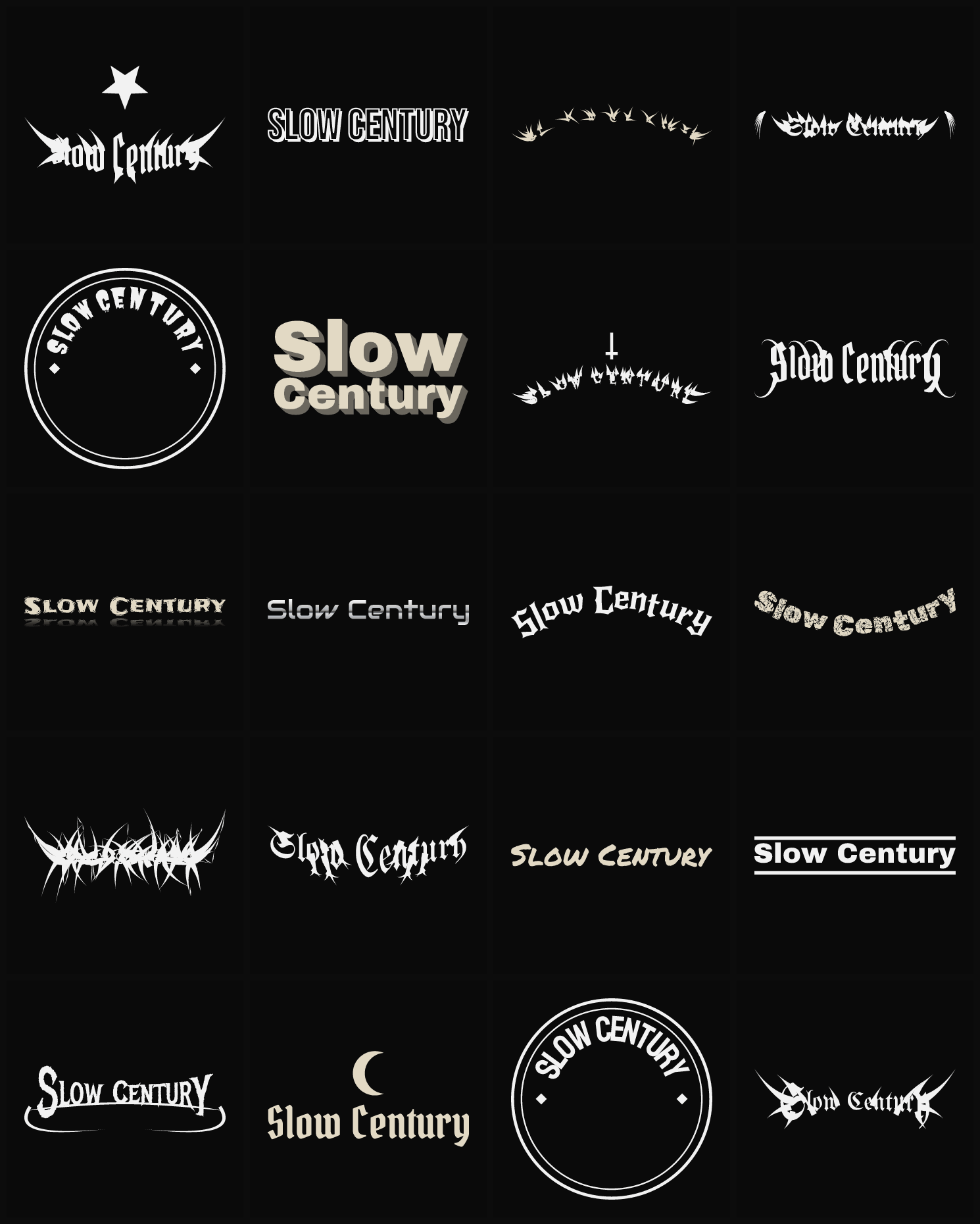 Twenty Slow Century band logo ideas — different faces, treatments and spike settings