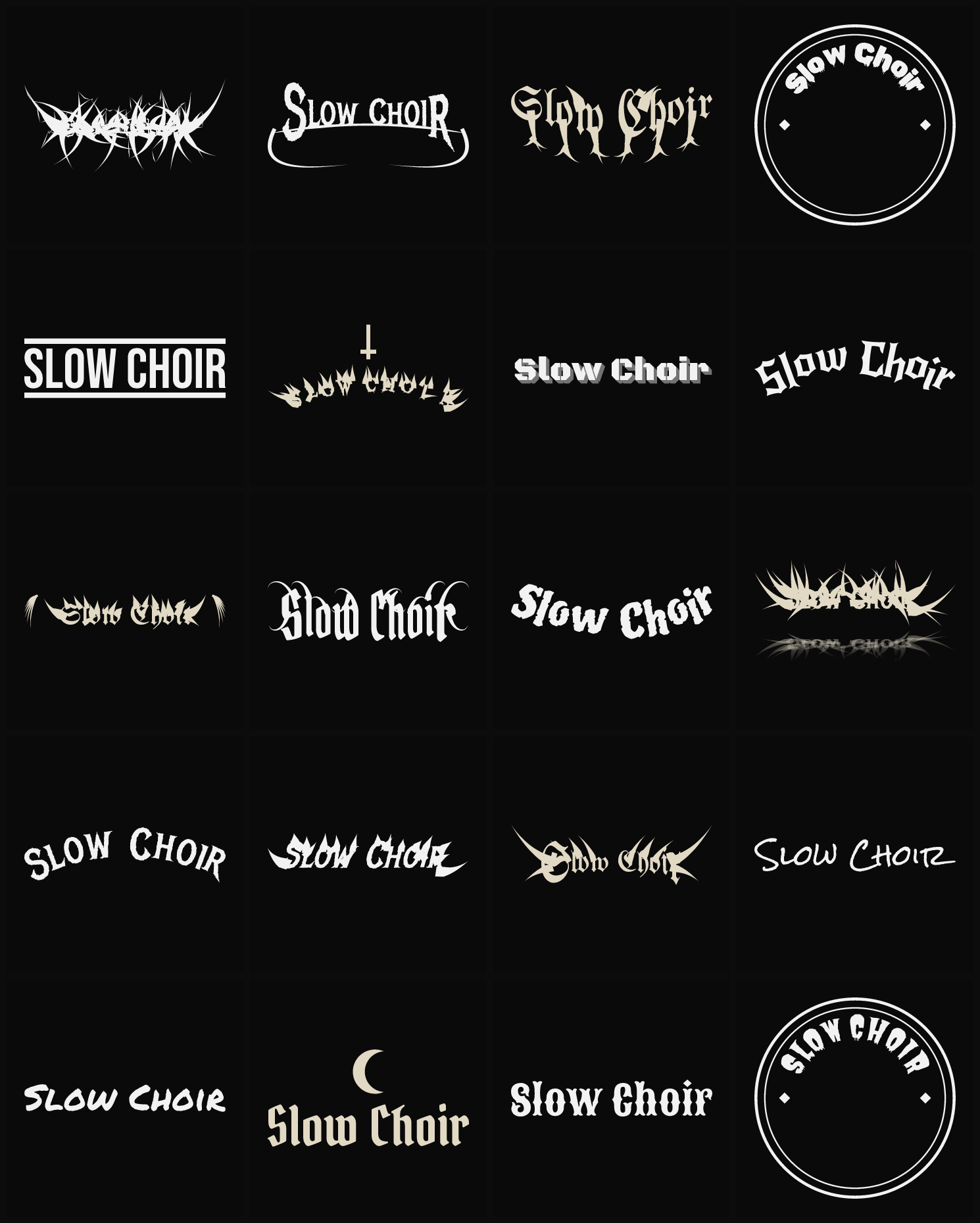 Twenty Slow Choir band logo ideas — different faces, treatments and spike settings