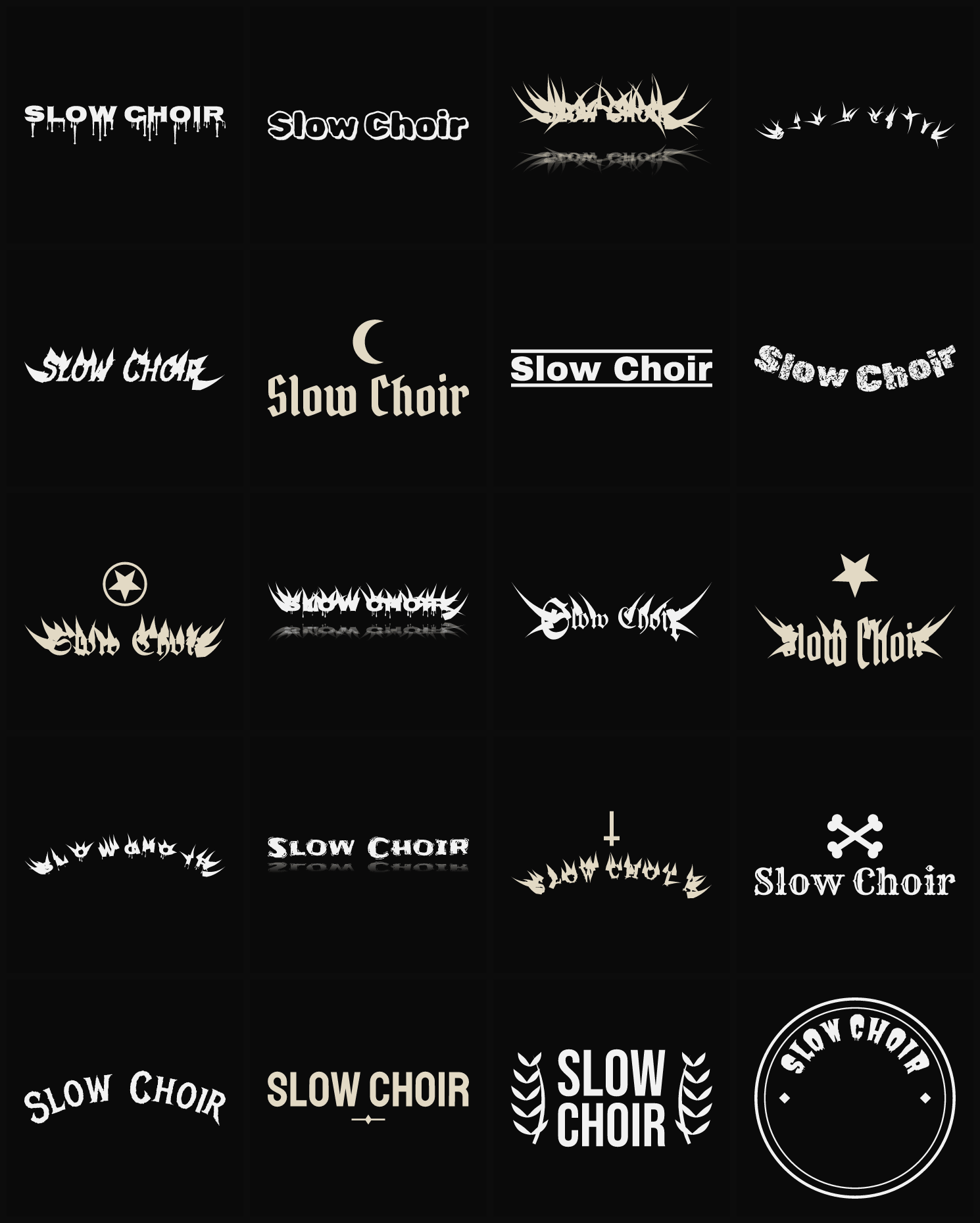 Twenty Slow Choir band logo ideas — different faces, treatments and spike settings