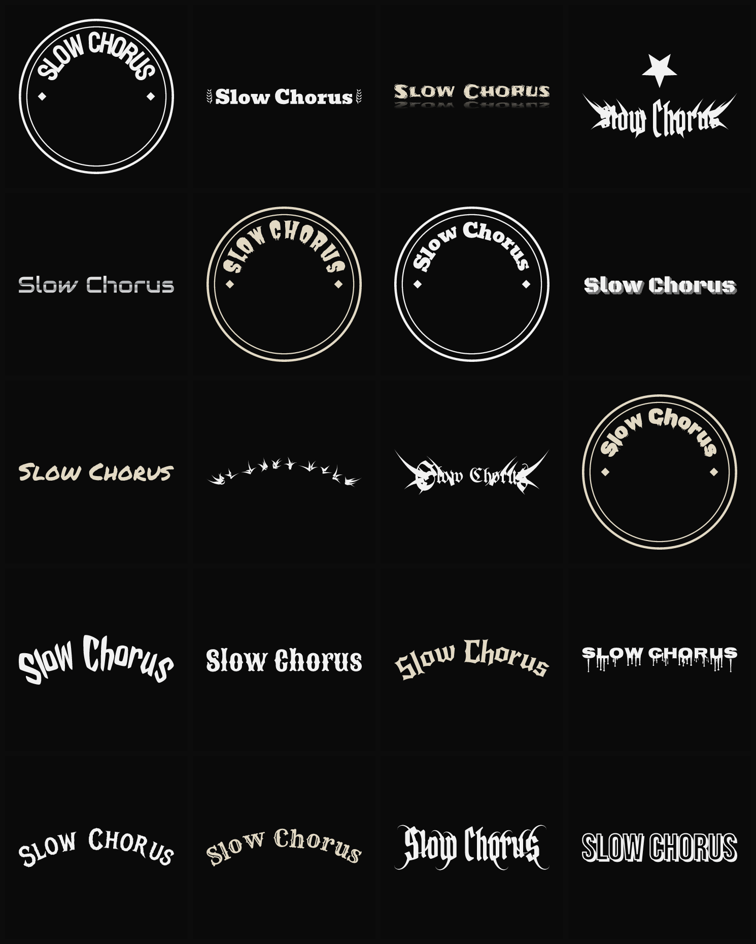 Twenty Slow Chorus band logo ideas — different faces, treatments and spike settings
