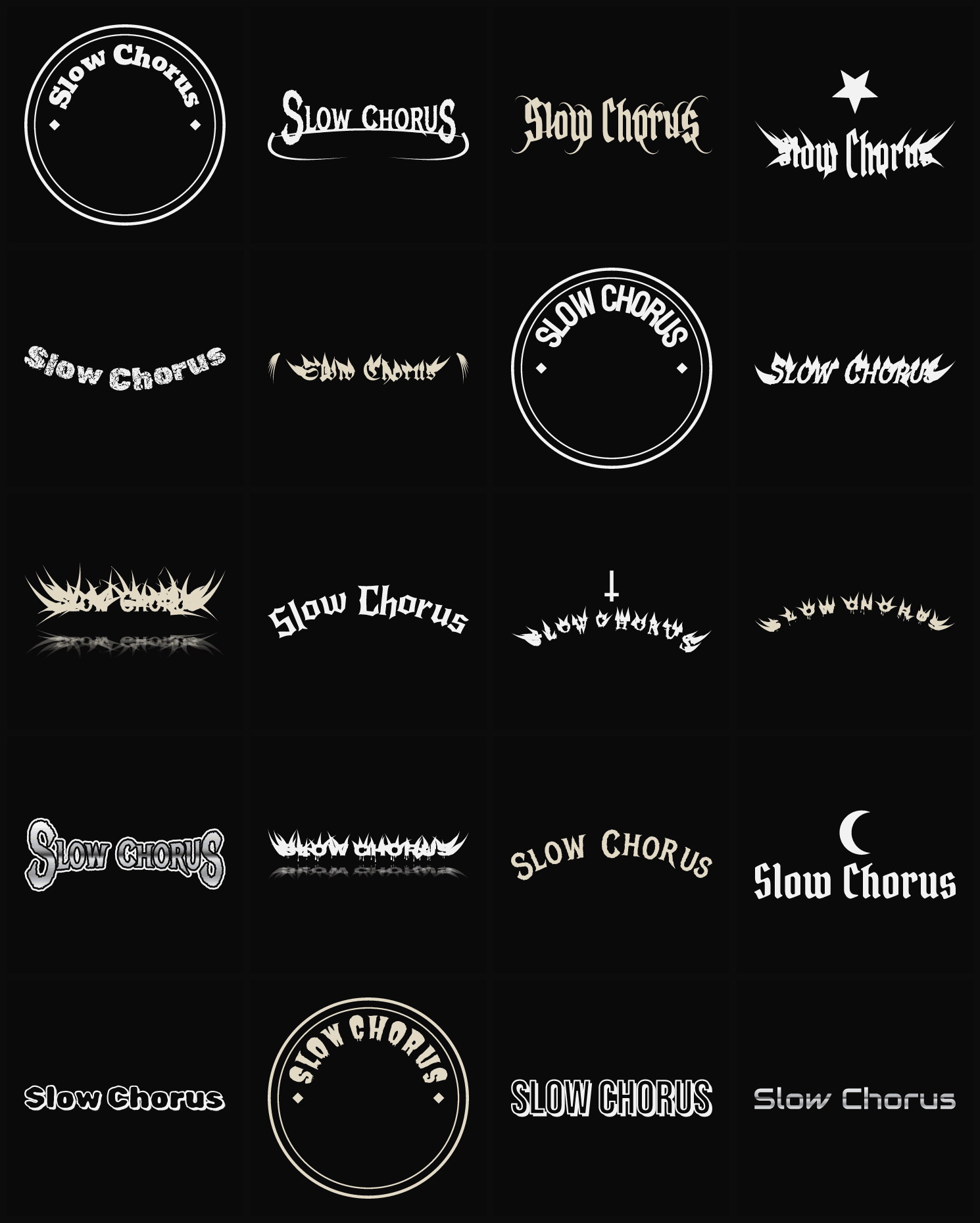 Twenty Slow Chorus band logo ideas — different faces, treatments and spike settings
