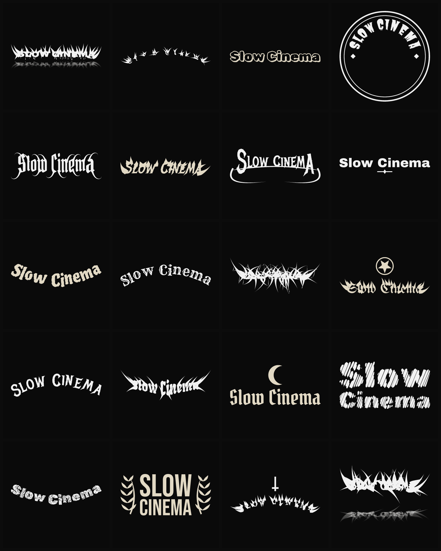 Twenty Slow Cinema band logo ideas — different faces, treatments and spike settings