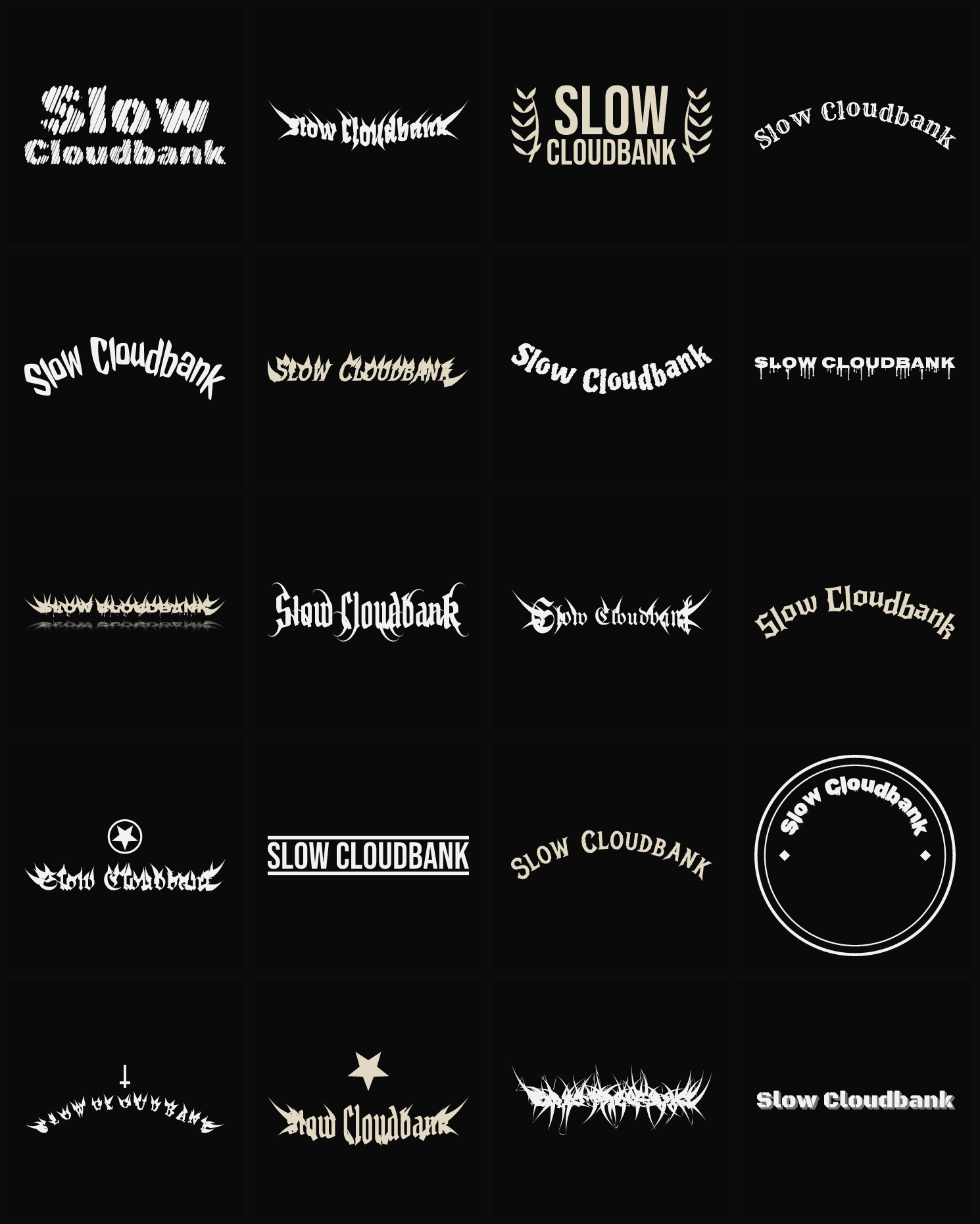 Twenty Slow Cloudbank band logo ideas — different faces, treatments and spike settings