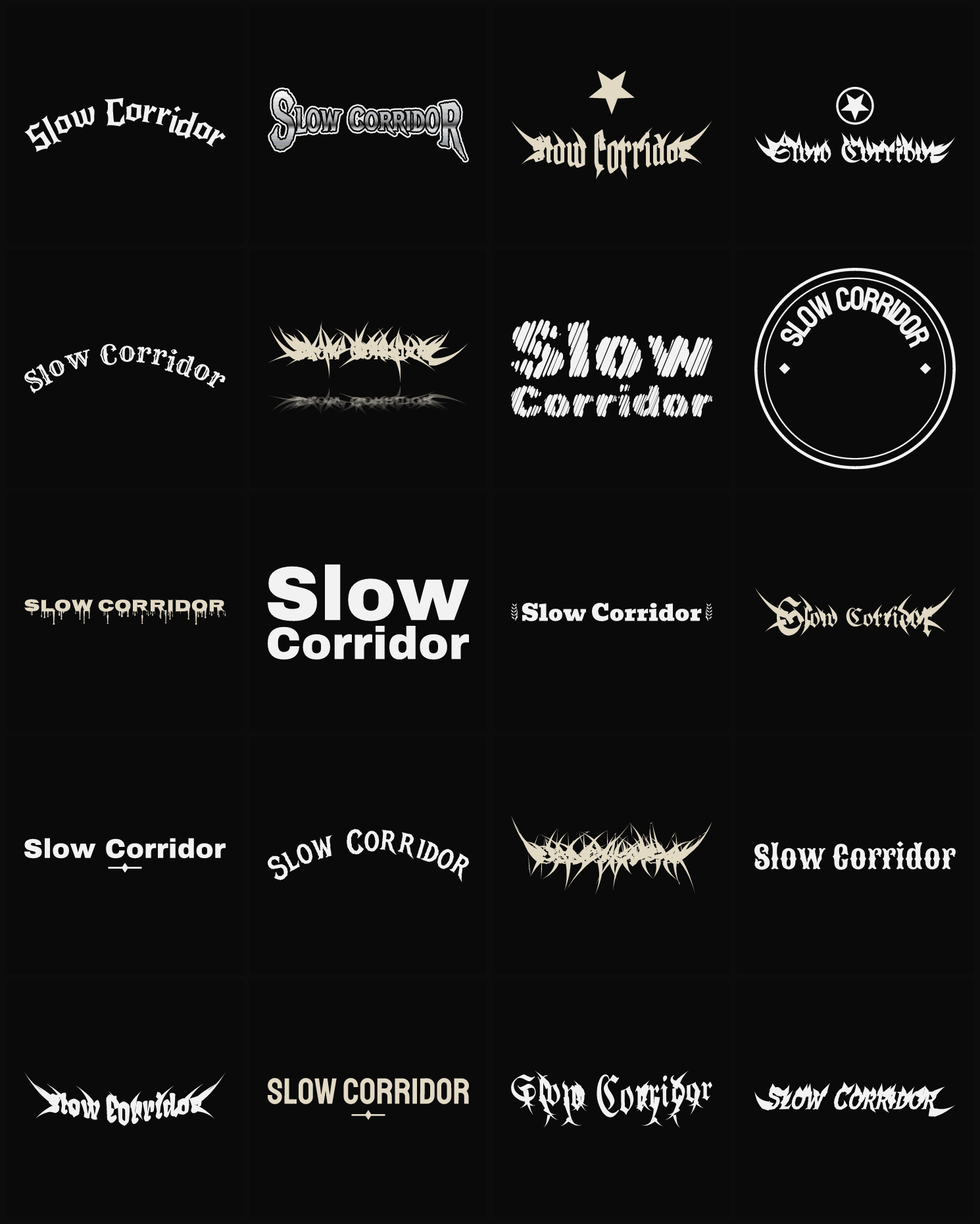 Twenty Slow Corridor band logo ideas — different faces, treatments and spike settings